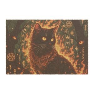 Mystic Black Cat Doormat — Witchy Flame & Pentagram Welcome Mat