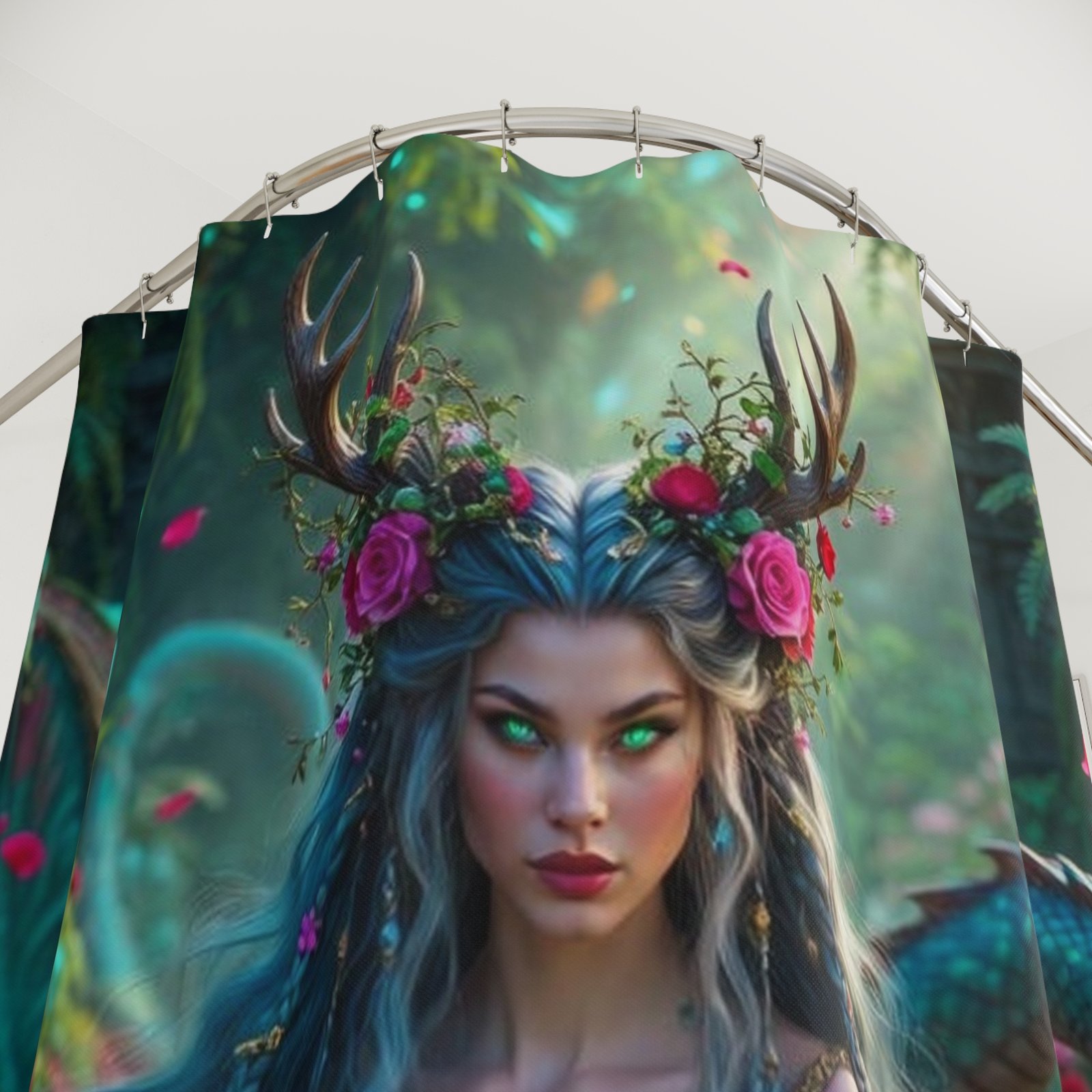 Mystic Forest Goddess Shower Curtain — Enchanted Antlered Nymph Bathroom Decor - Image 3
