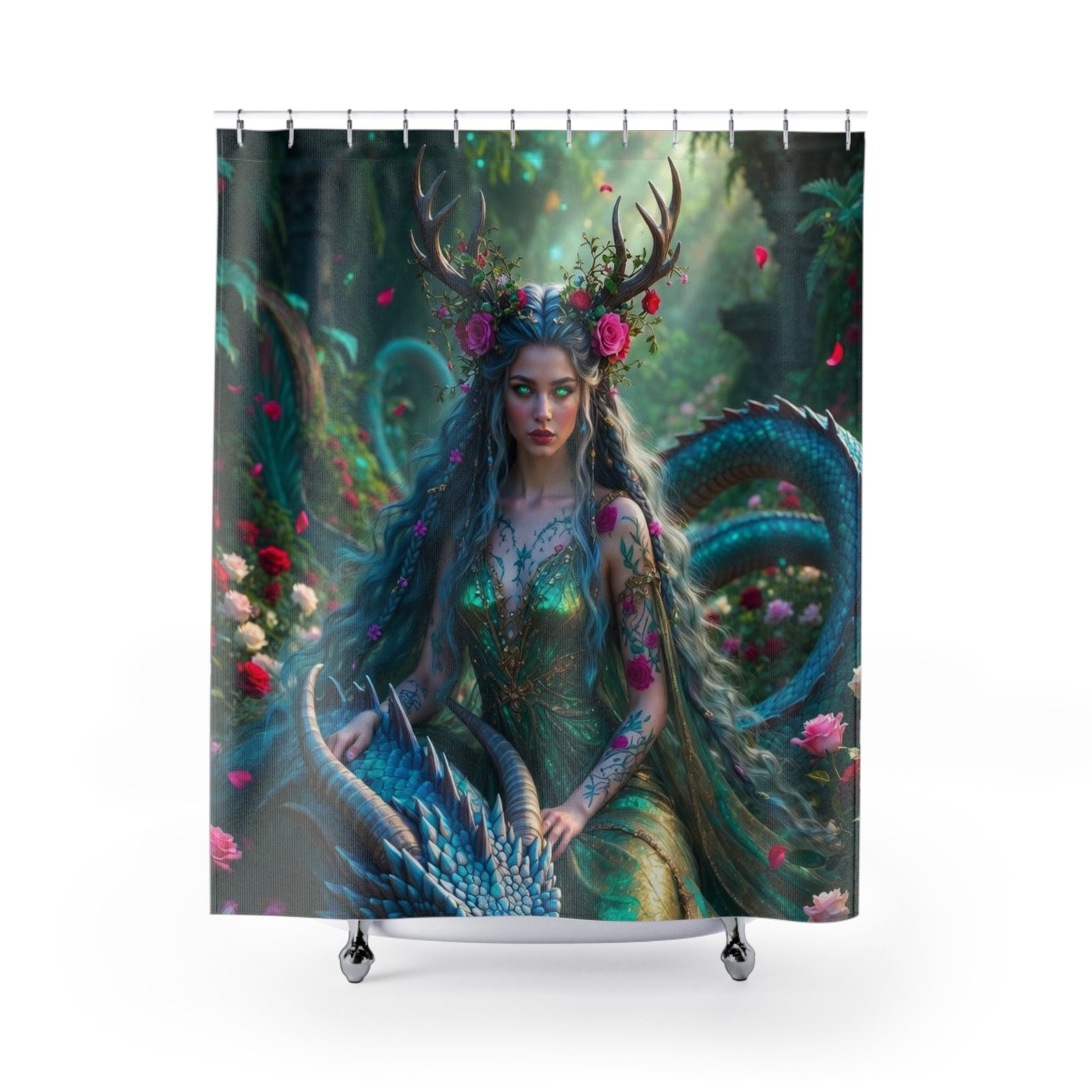 Mystic Forest Goddess Shower Curtain — Enchanted Antlered Nymph Bathroom Decor - Image 2