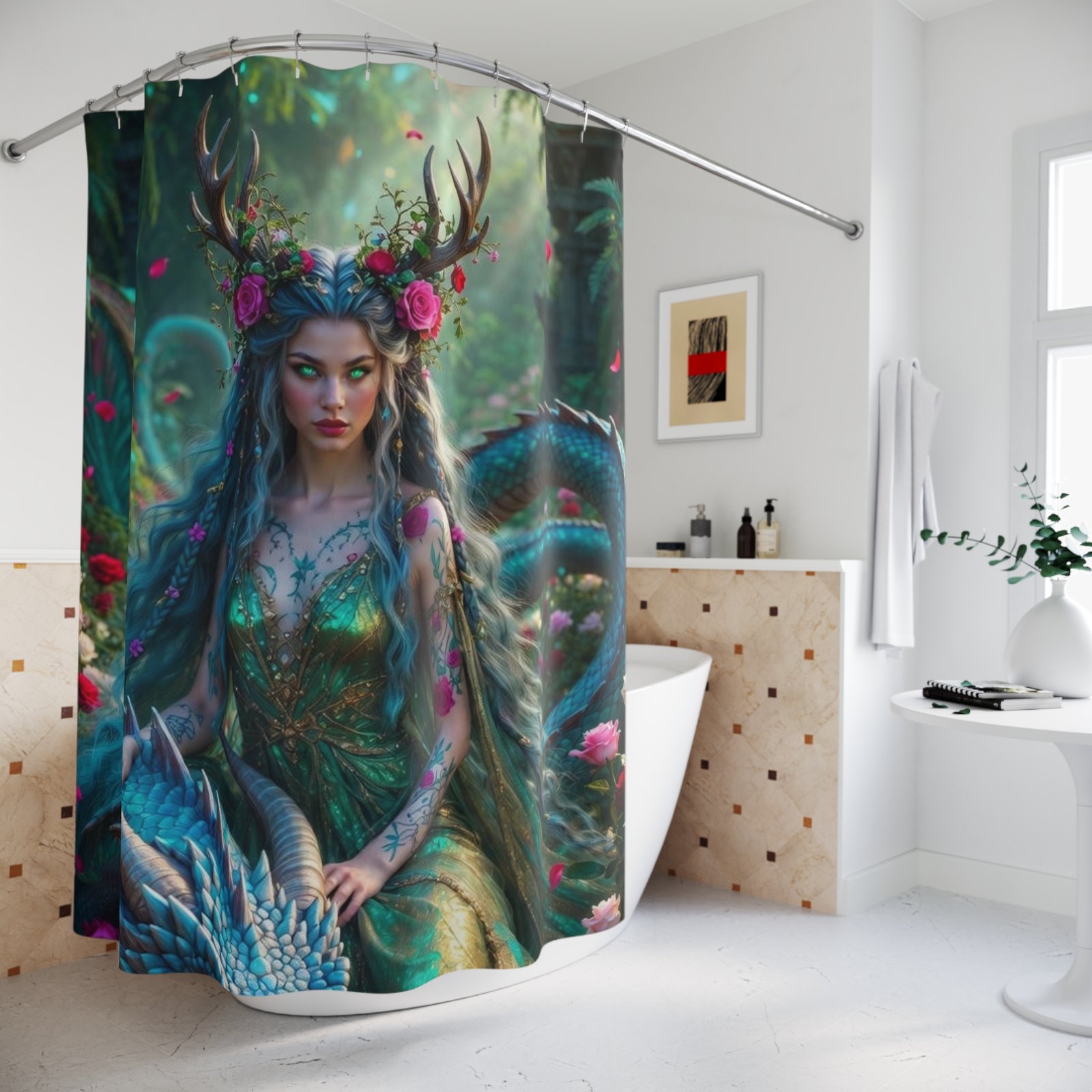 Mystic Forest Goddess Shower Curtain — Enchanted Antlered Nymph Bathroom Decor