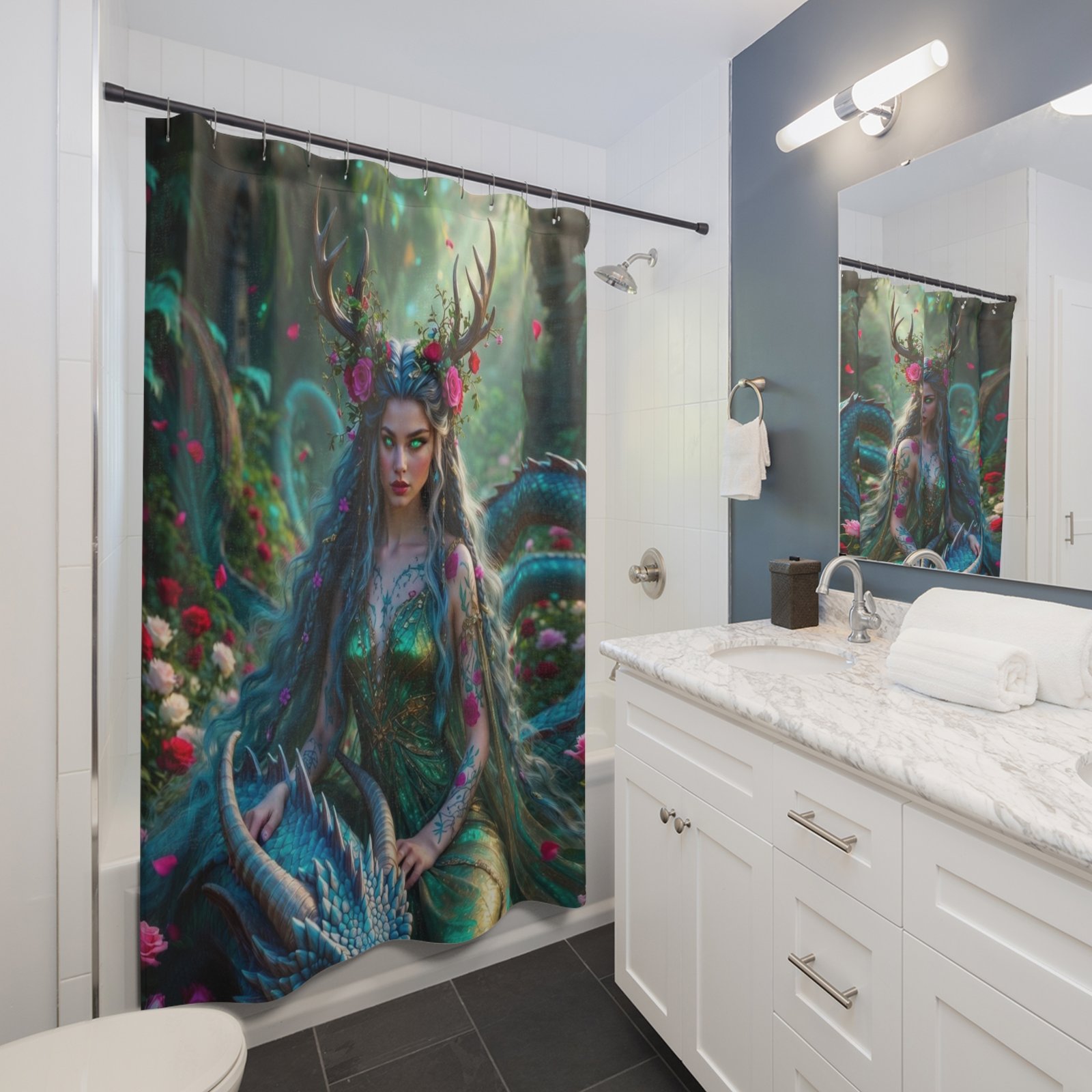 Mystic Forest Goddess Shower Curtain — Enchanted Antlered Nymph Bathroom Decor - Image 4