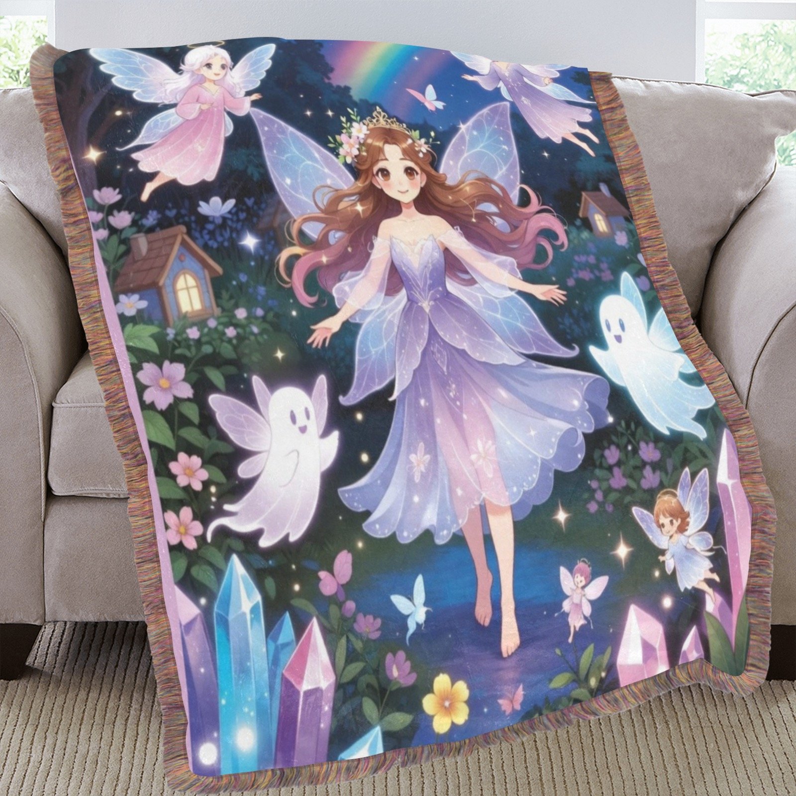 mystical angels, fairies and moons blanket Ultra-Soft Fringe Blanket 60x80 (Mixed Green) - Image 2
