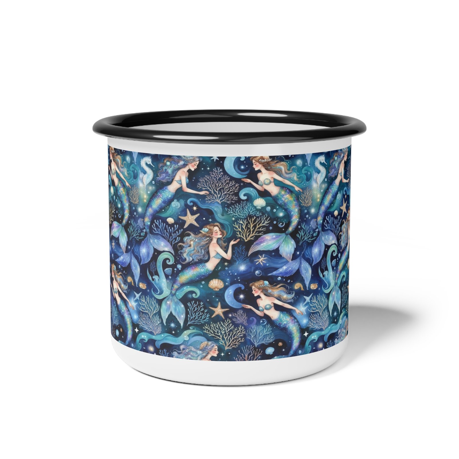 Mermaid Pattern Enamel Camp Cup – Nautical Blue Mermaid Mug - Image 3