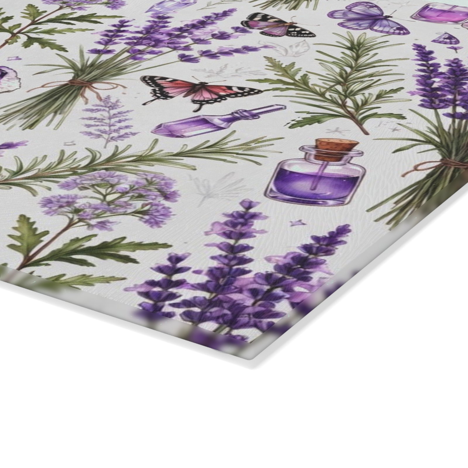 Lavender Herb Glass Cutting Board — Floral Kitchen Prep Board with Butterflies & Essential Oil Motif - Image 4