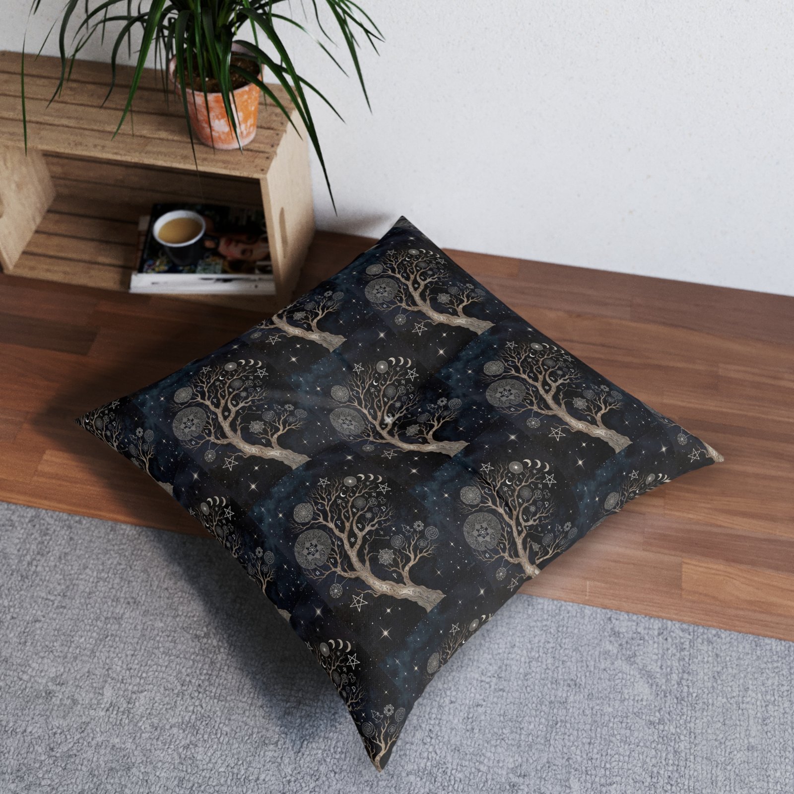 Mystic Moon Tree Tufted Floor Pillow — Celestial Boho Square Cushion - Image 8