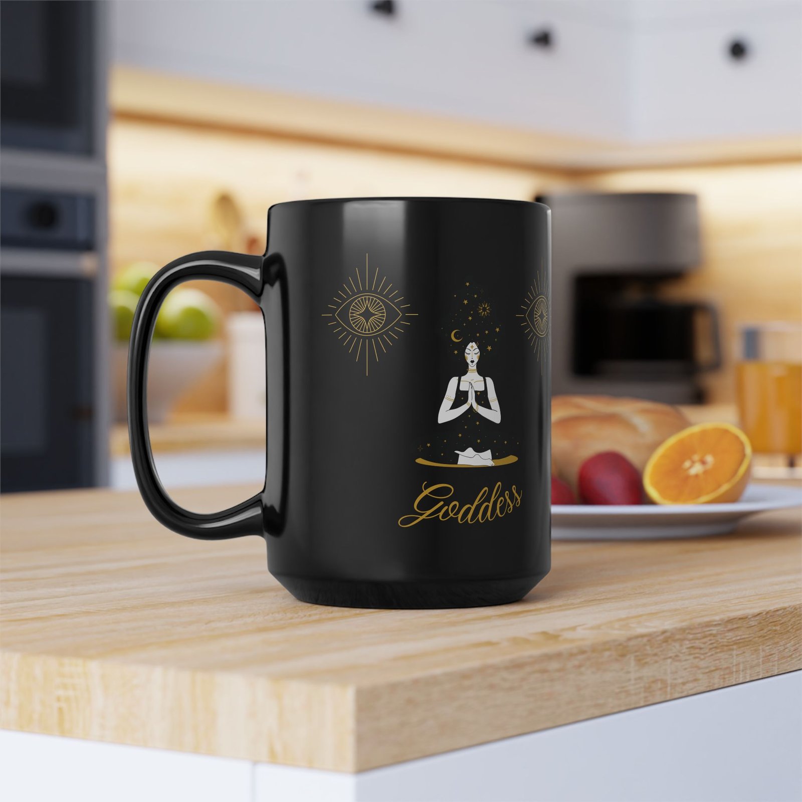 Dark Hair Goddess Stars Black Mug, 15oz - Image 2