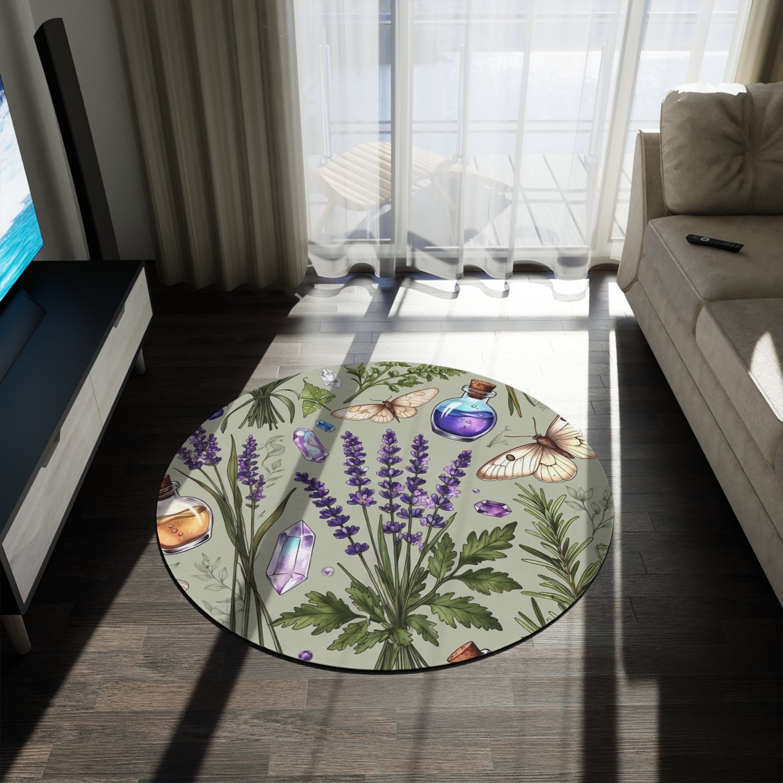 Lavender Botanical Round Rug — Floral Herbs, Crystals & Potion Bottle Accent Mat - Image 3