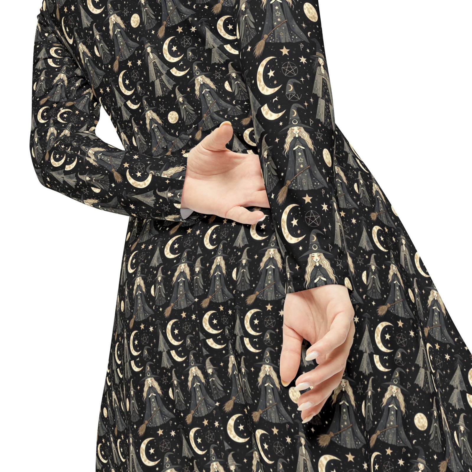 Moonlit Goddess Dance Dress – Long Sleeve Flared Maxi with Crescent Moon Pattern - Image 7