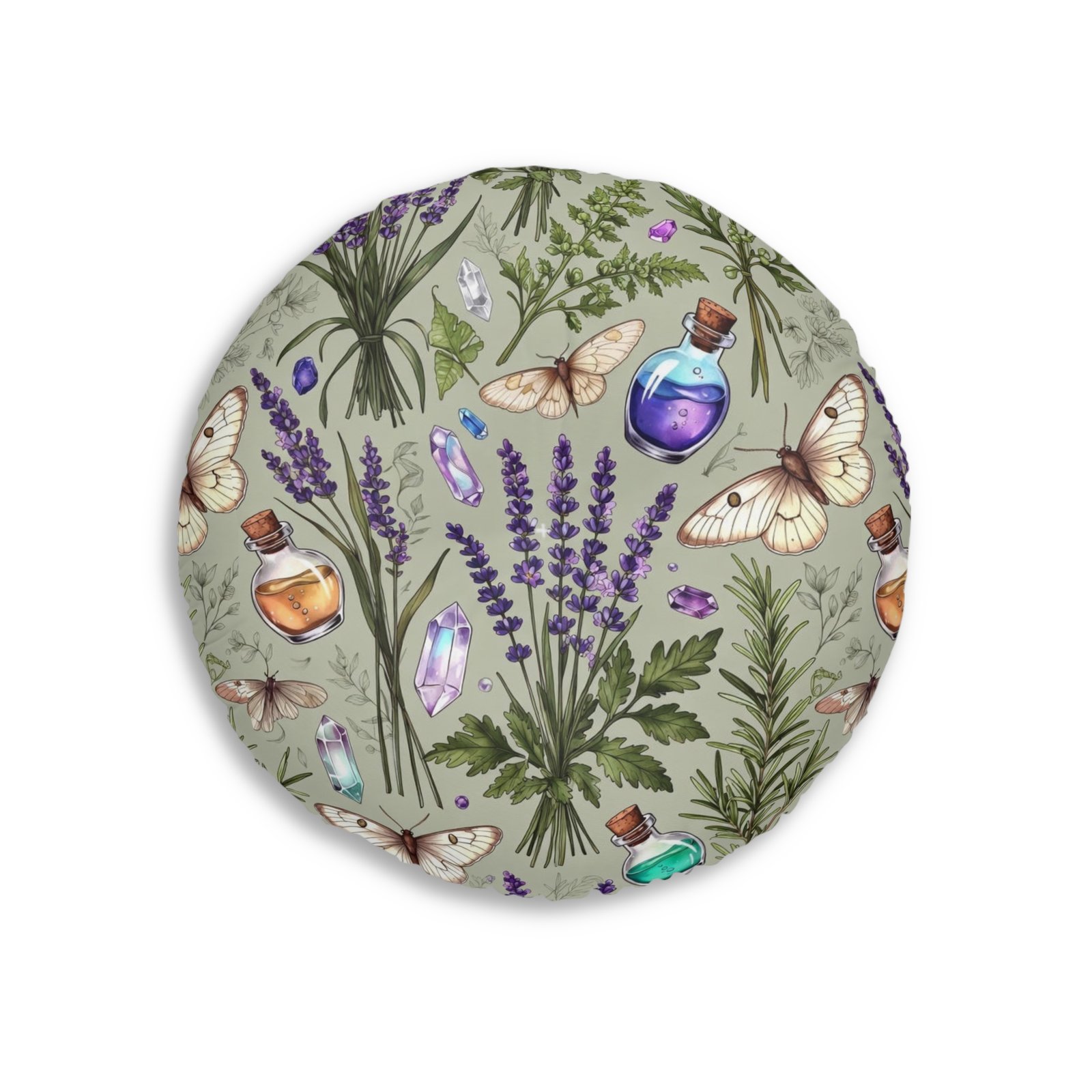 Lavender Apothecary Round Floor Pillow — Botanical Herbs, Crystals & Moths Tufted Cushion - Image 3