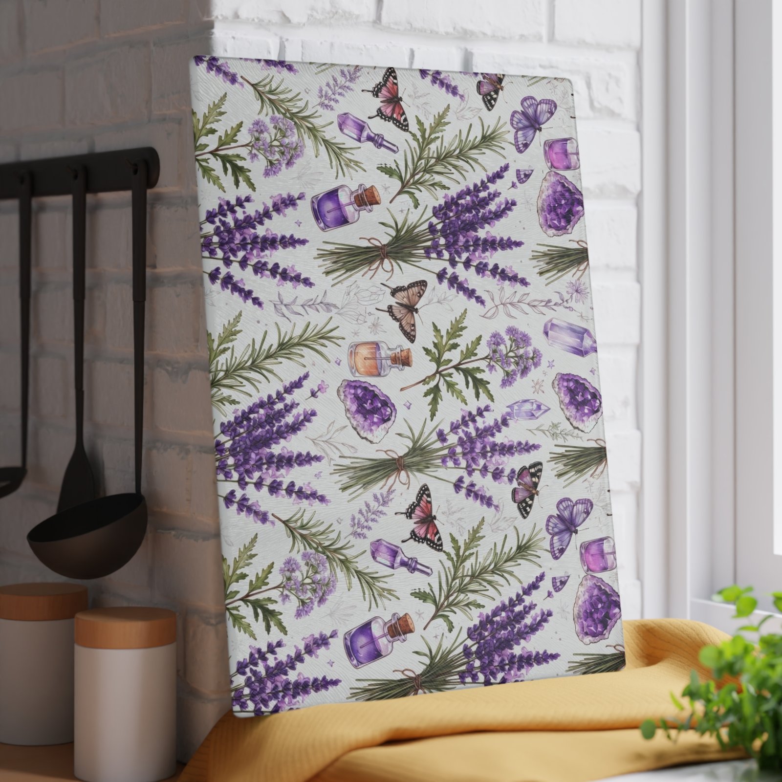 Lavender Herb Glass Cutting Board — Floral Kitchen Prep Board with Butterflies & Essential Oil Motif - Image 12