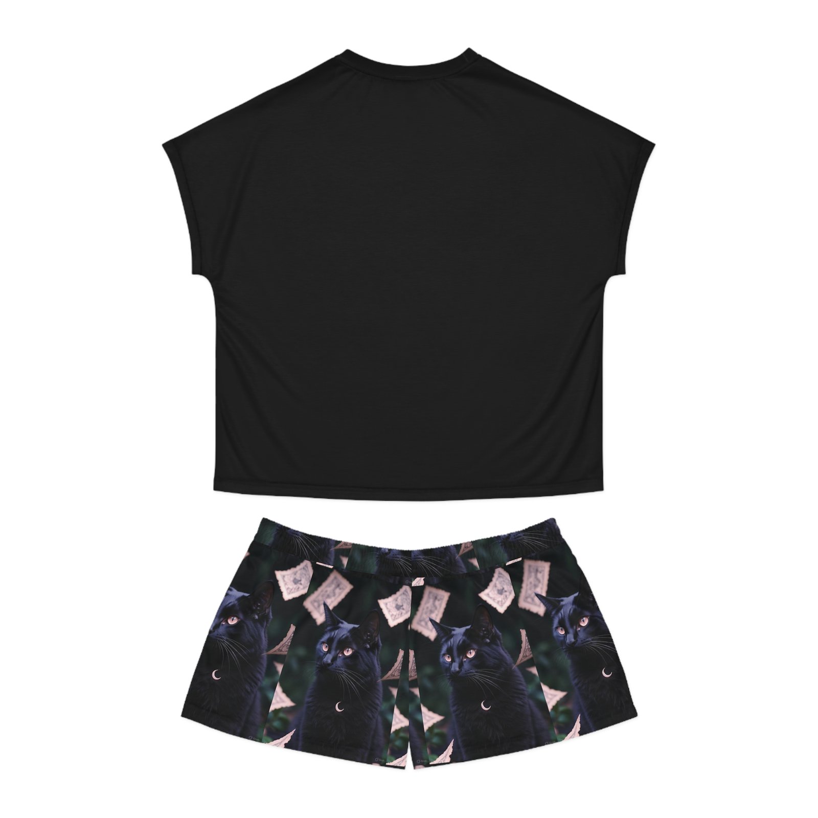 Black Cat Moon Pajama Set — Women's Short Sleepwear with Mystical Cat Print - Image 3
