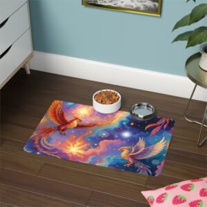 Phoenix Pet Food Mat (12x18) — Colorful Cosmic Birds Waterproof Placemat for Dogs & Cats