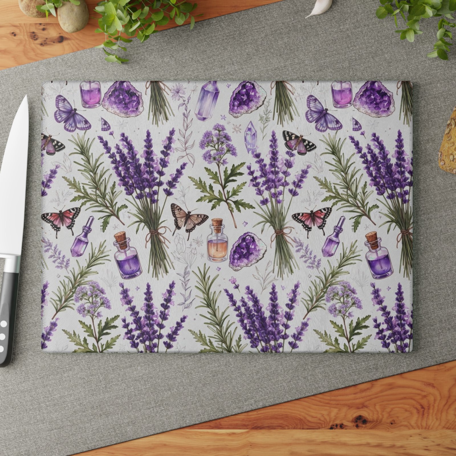 Lavender Herb Glass Cutting Board — Floral Kitchen Prep Board with Butterflies & Essential Oil Motif - Image 10