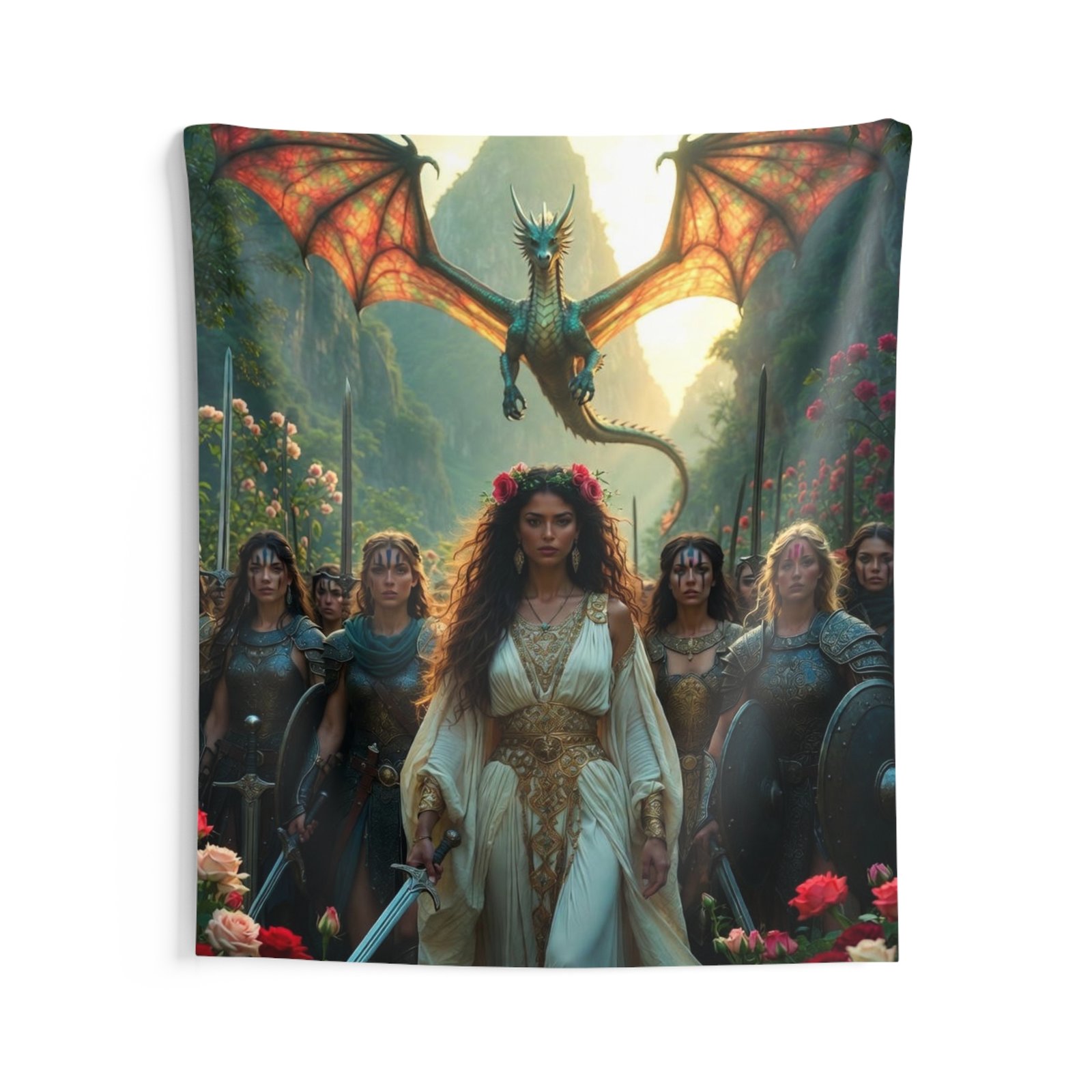 Fantasy Warrior Queen Tapestry - Rose Matriarch — Dragon & Shieldmaidens Wall Art - Image 3