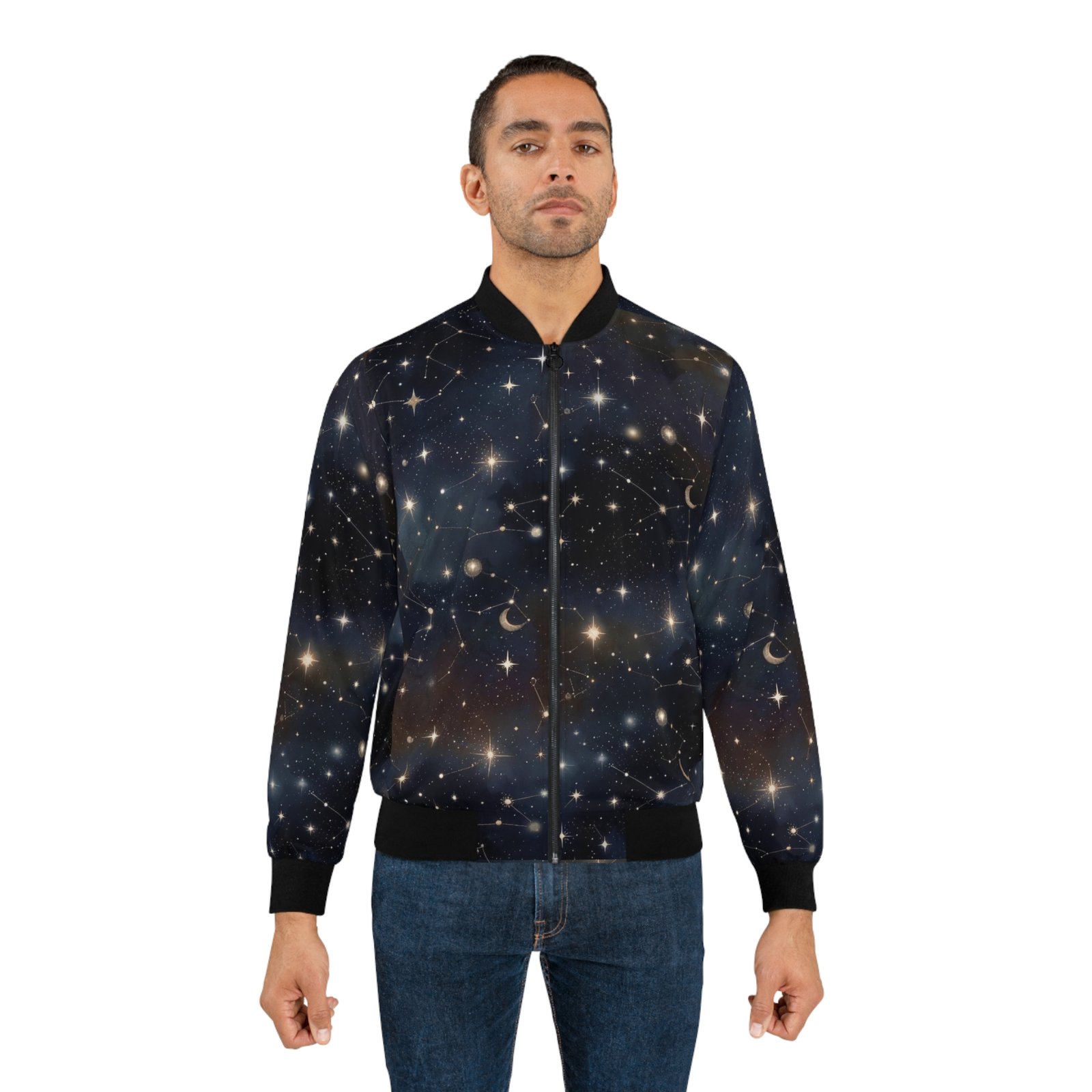 Starry Night Sky Bomber Jacket – Crescent Moon & Stars All-Over Print - Image 4