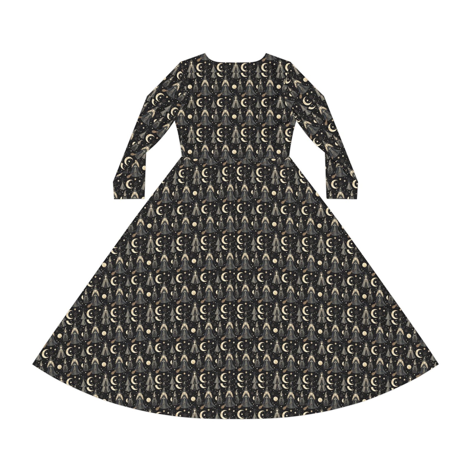 Moonlit Goddess Dance Dress – Long Sleeve Flared Maxi with Crescent Moon Pattern - Image 3