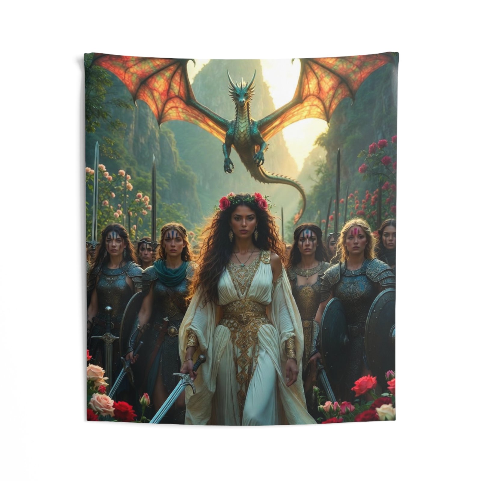 Fantasy Warrior Queen Tapestry - Rose Matriarch — Dragon & Shieldmaidens Wall Art - Image 2