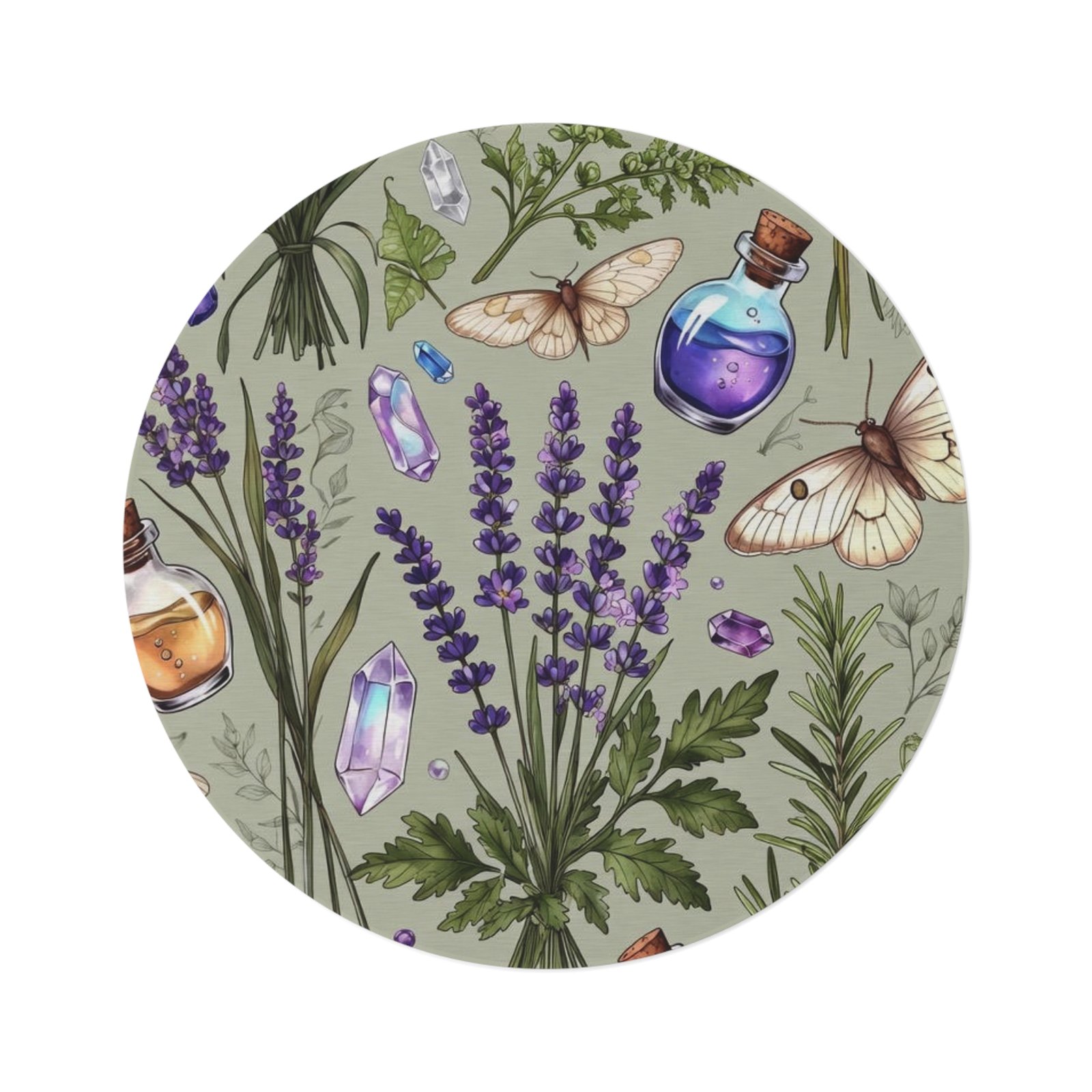 Lavender Botanical Round Rug — Floral Herbs, Crystals & Potion Bottle Accent Mat - Image 2
