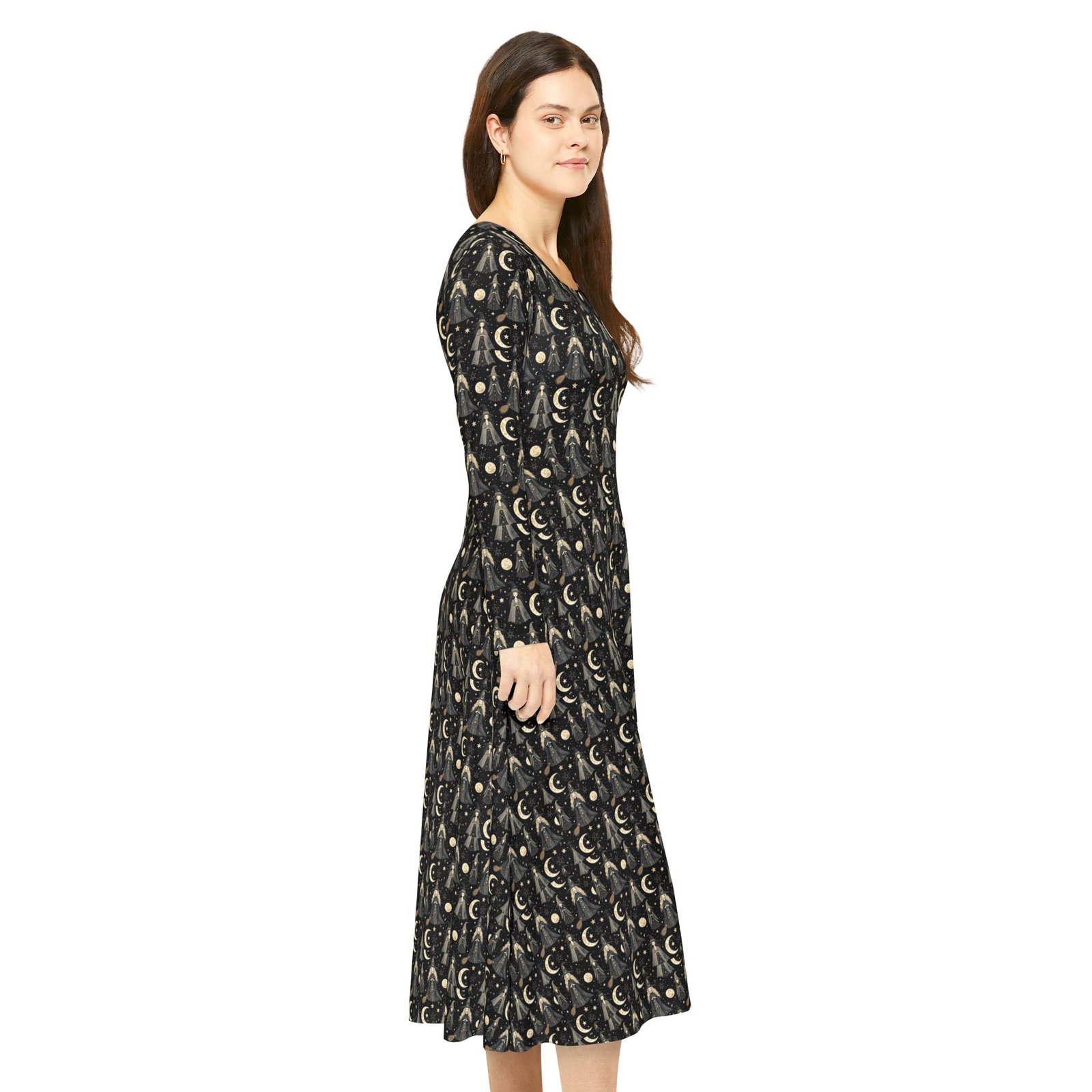 Moonlit Goddess Dance Dress – Long Sleeve Flared Maxi with Crescent Moon Pattern - Image 6