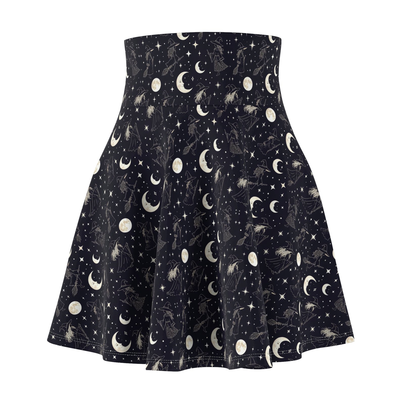 Celestial Moon Phase Skater Skirt — Black Starry Night AOP - Image 2
