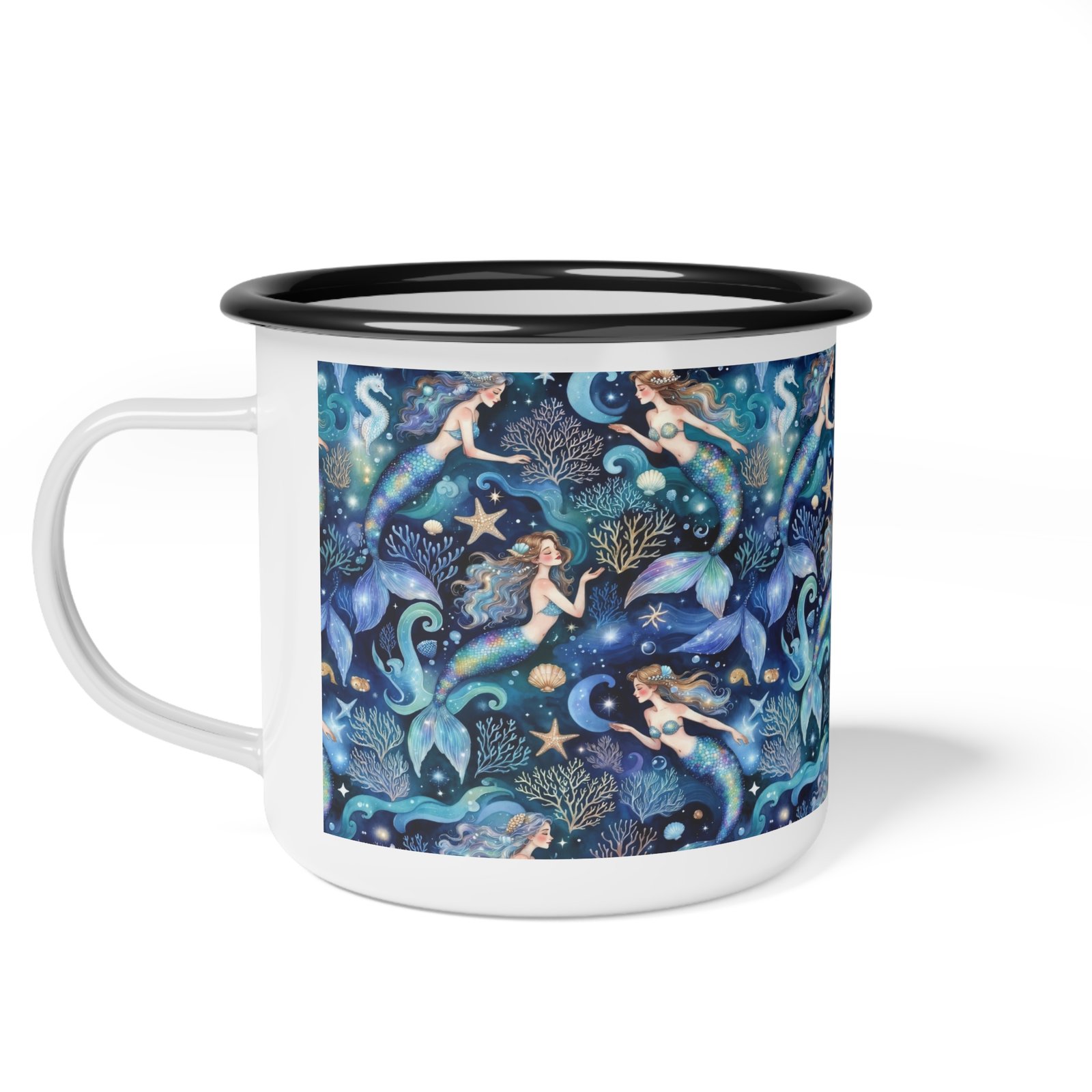 Mermaid Pattern Enamel Camp Cup – Nautical Blue Mermaid Mug - Image 2