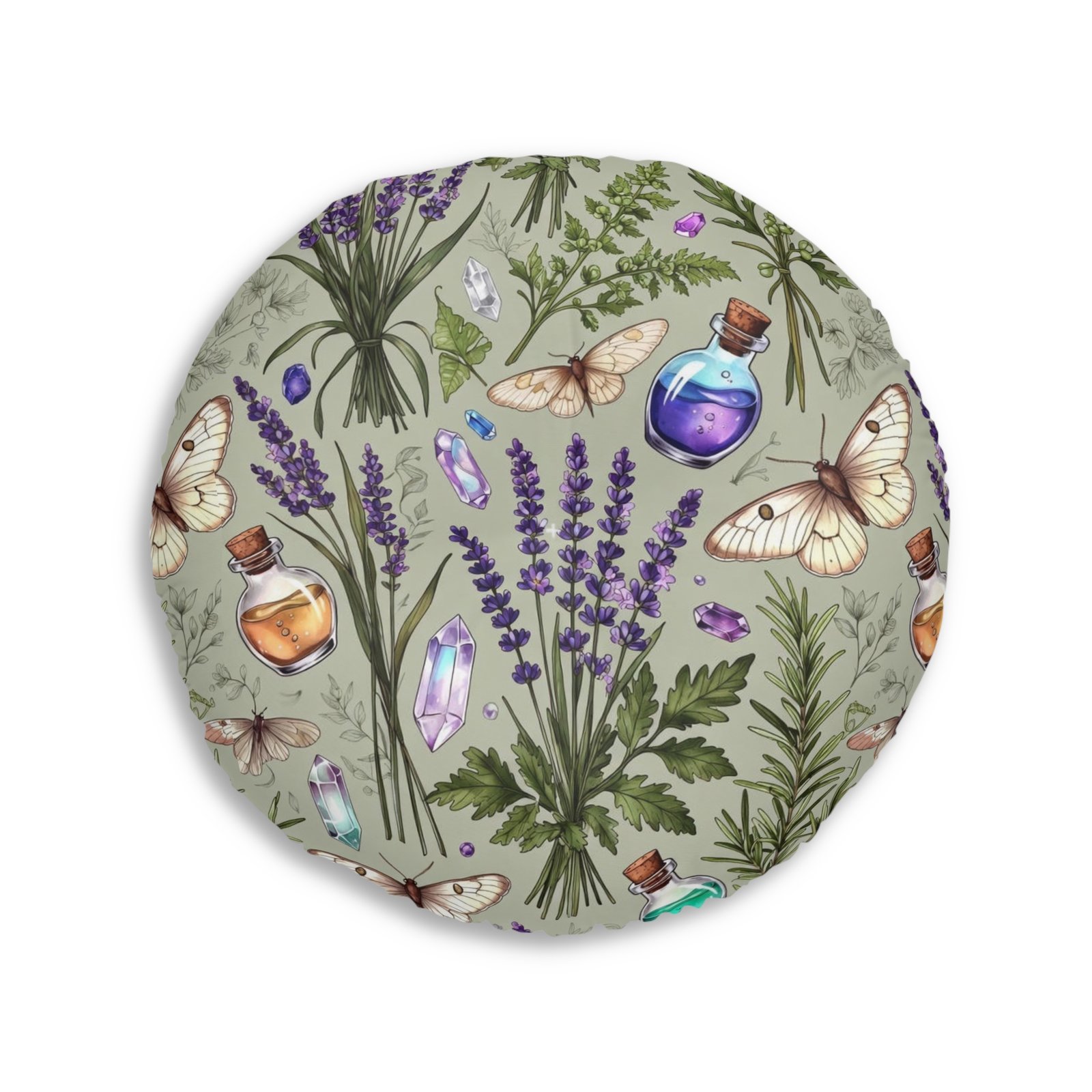 Lavender Apothecary Round Floor Pillow — Botanical Herbs, Crystals & Moths Tufted Cushion - Image 6