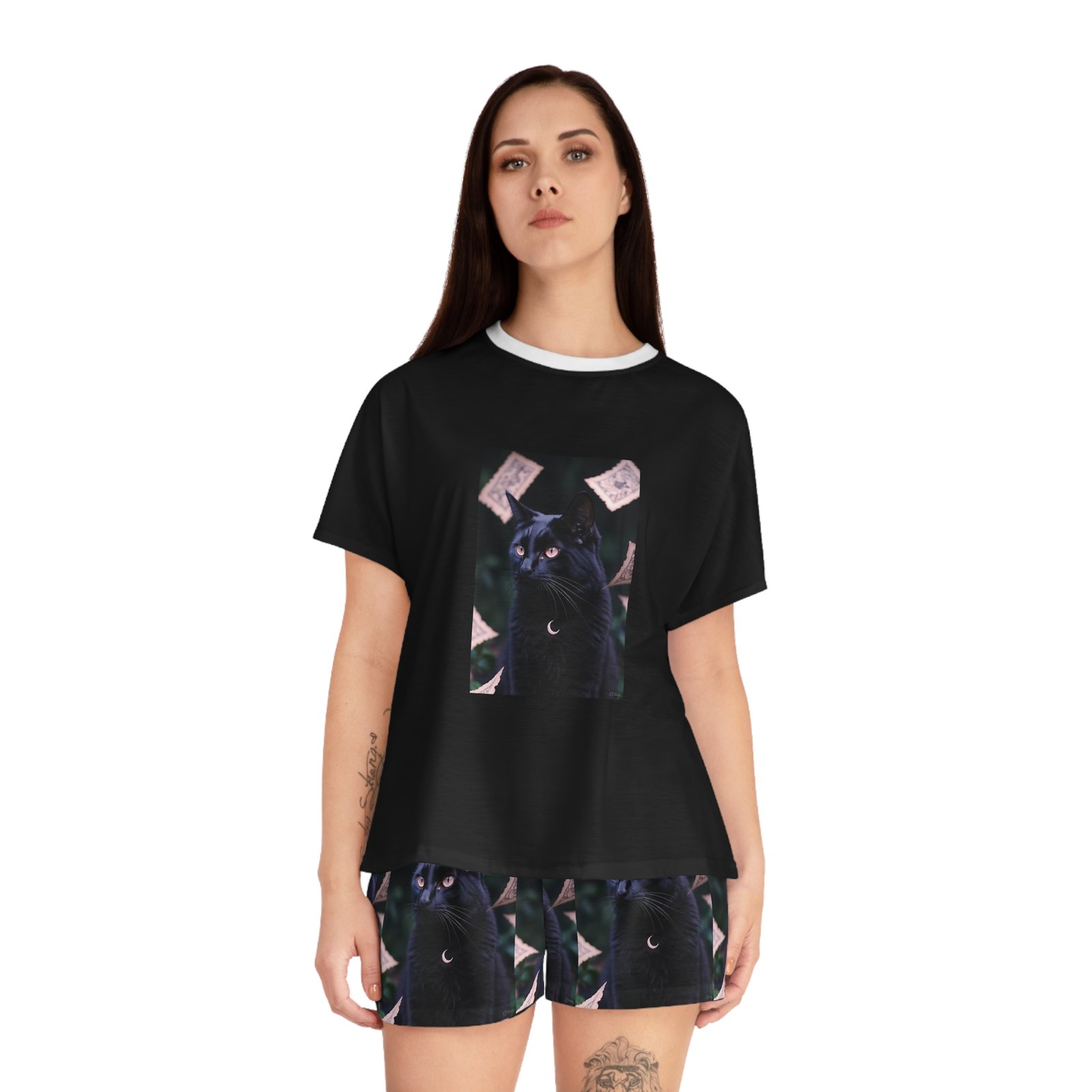 Black Cat Moon Pajama Set — Women's Short Sleepwear with Mystical Cat Print - Image 8