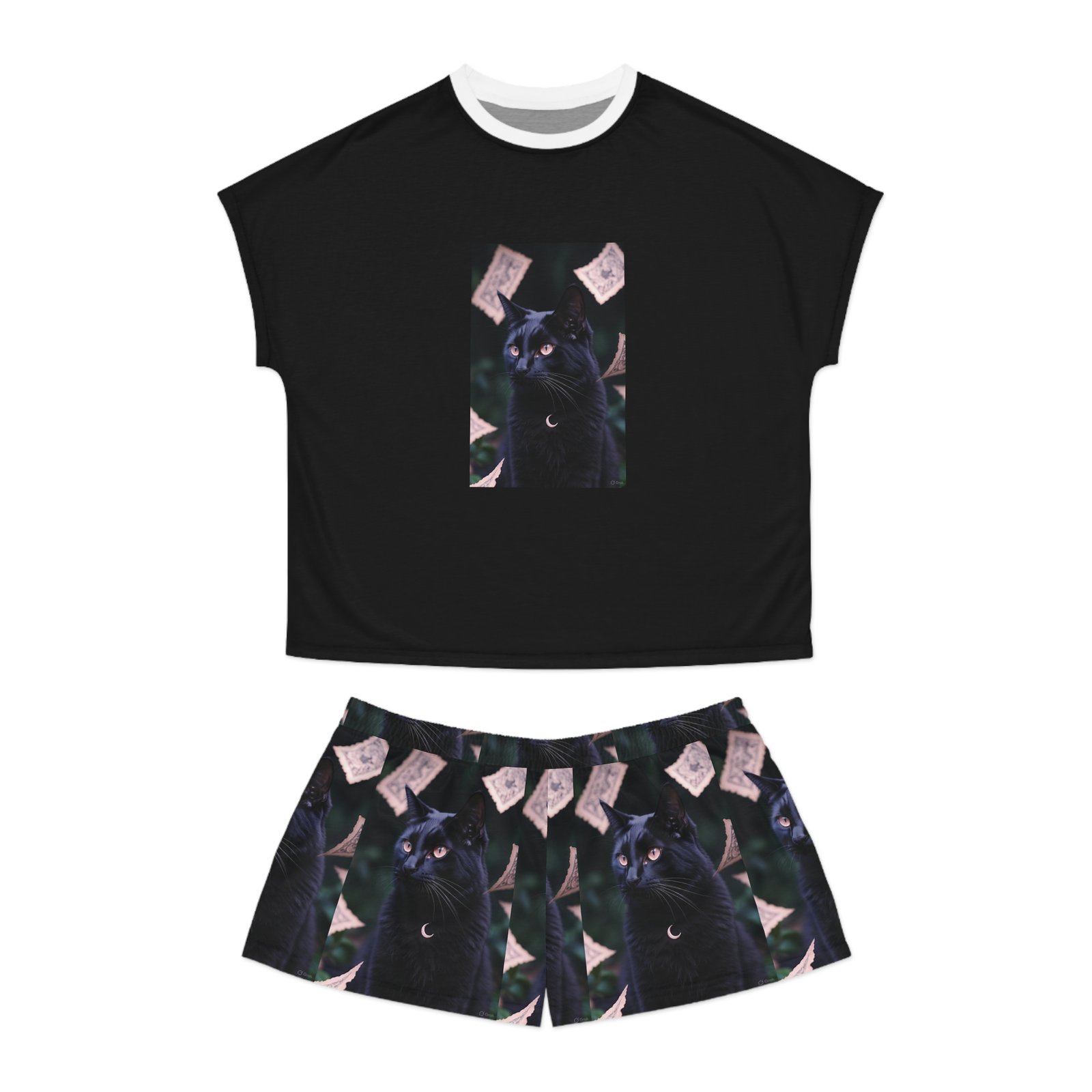 Black Cat Moon Pajama Set — Women's Short Sleepwear with Mystical Cat Print - Image 5