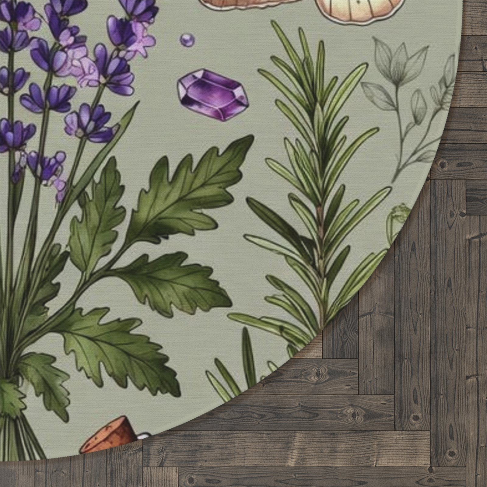 Lavender Botanical Round Rug — Floral Herbs, Crystals & Potion Bottle Accent Mat - Image 4