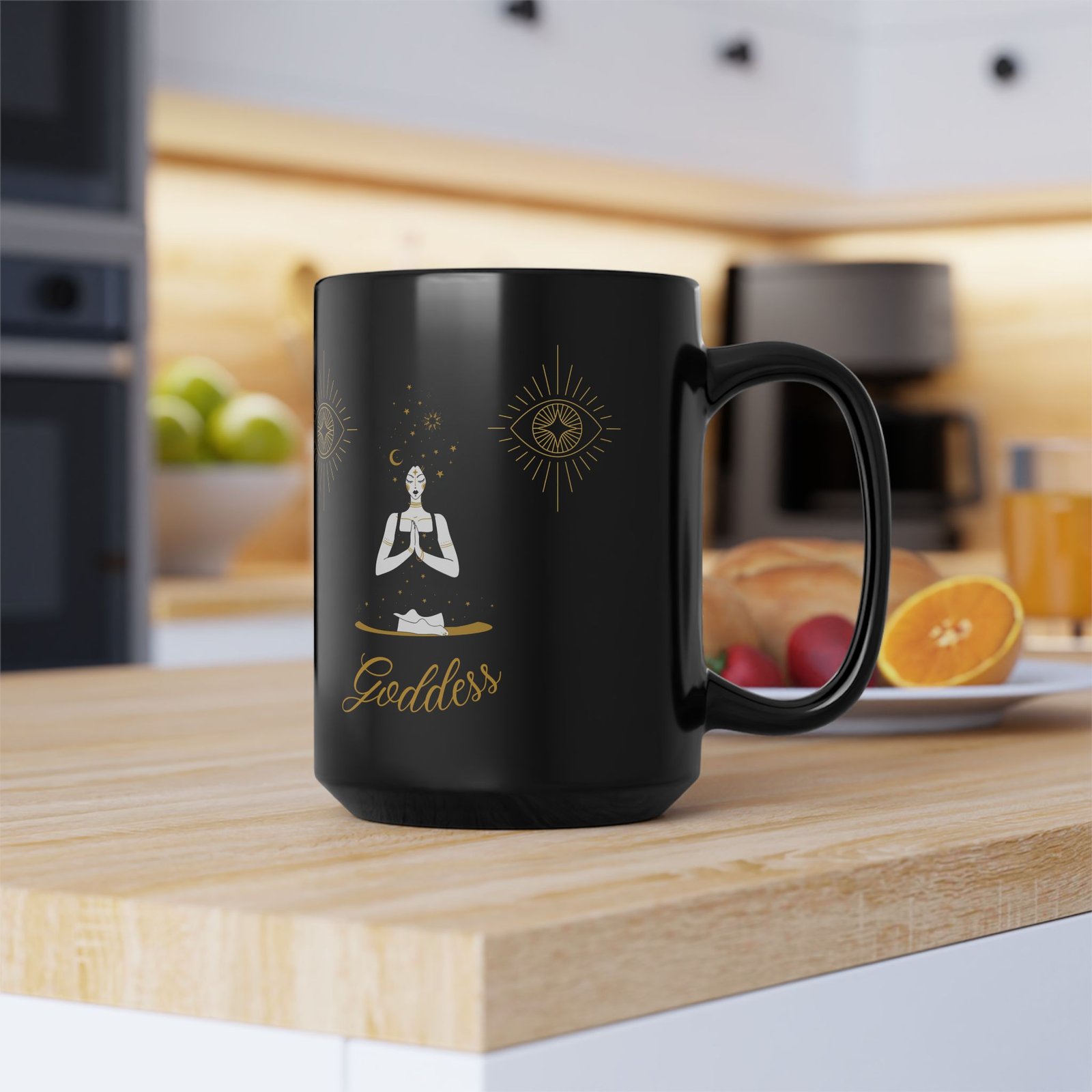Dark Hair Goddess Stars Black Mug, 15oz