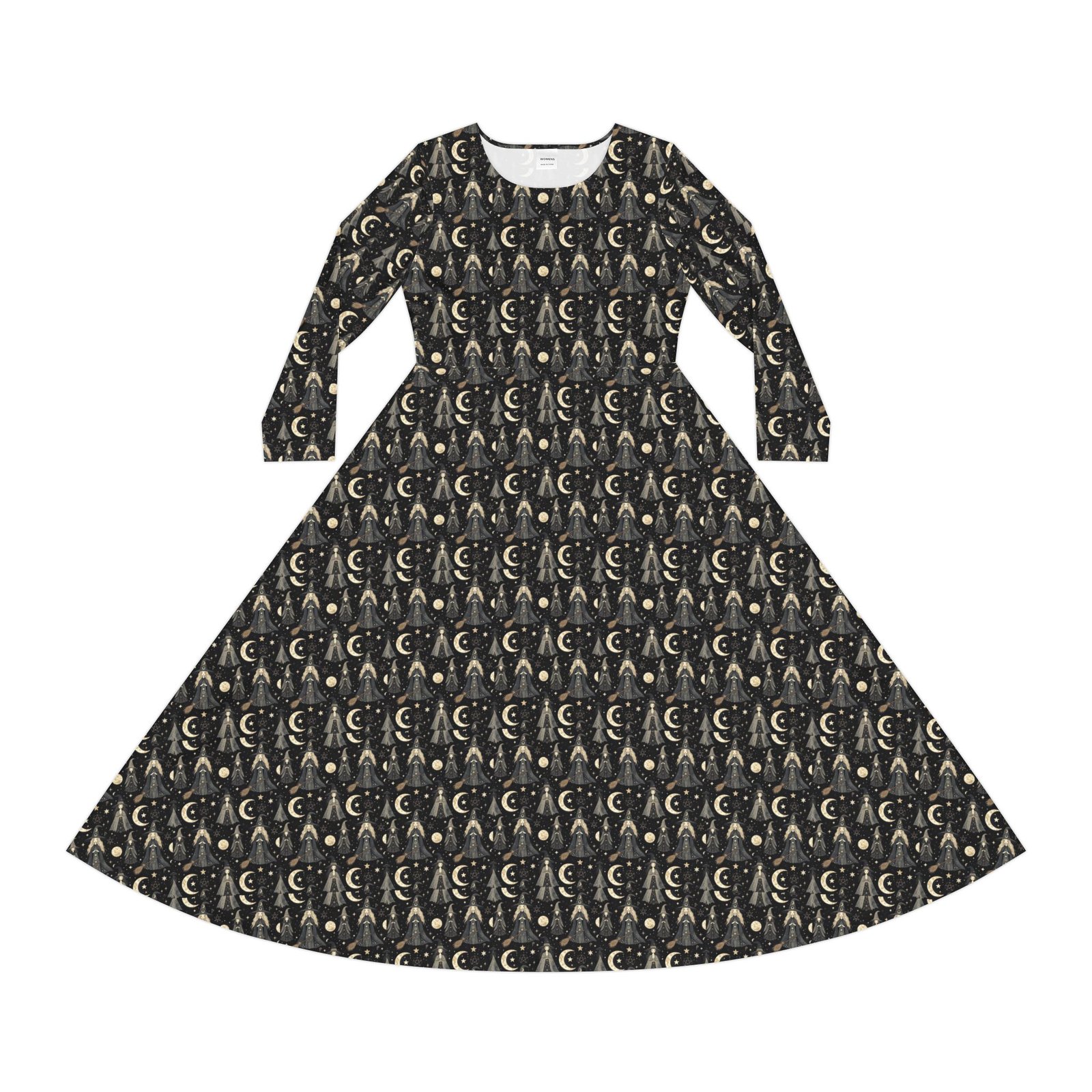 Moonlit Goddess Dance Dress – Long Sleeve Flared Maxi with Crescent Moon Pattern - Image 2
