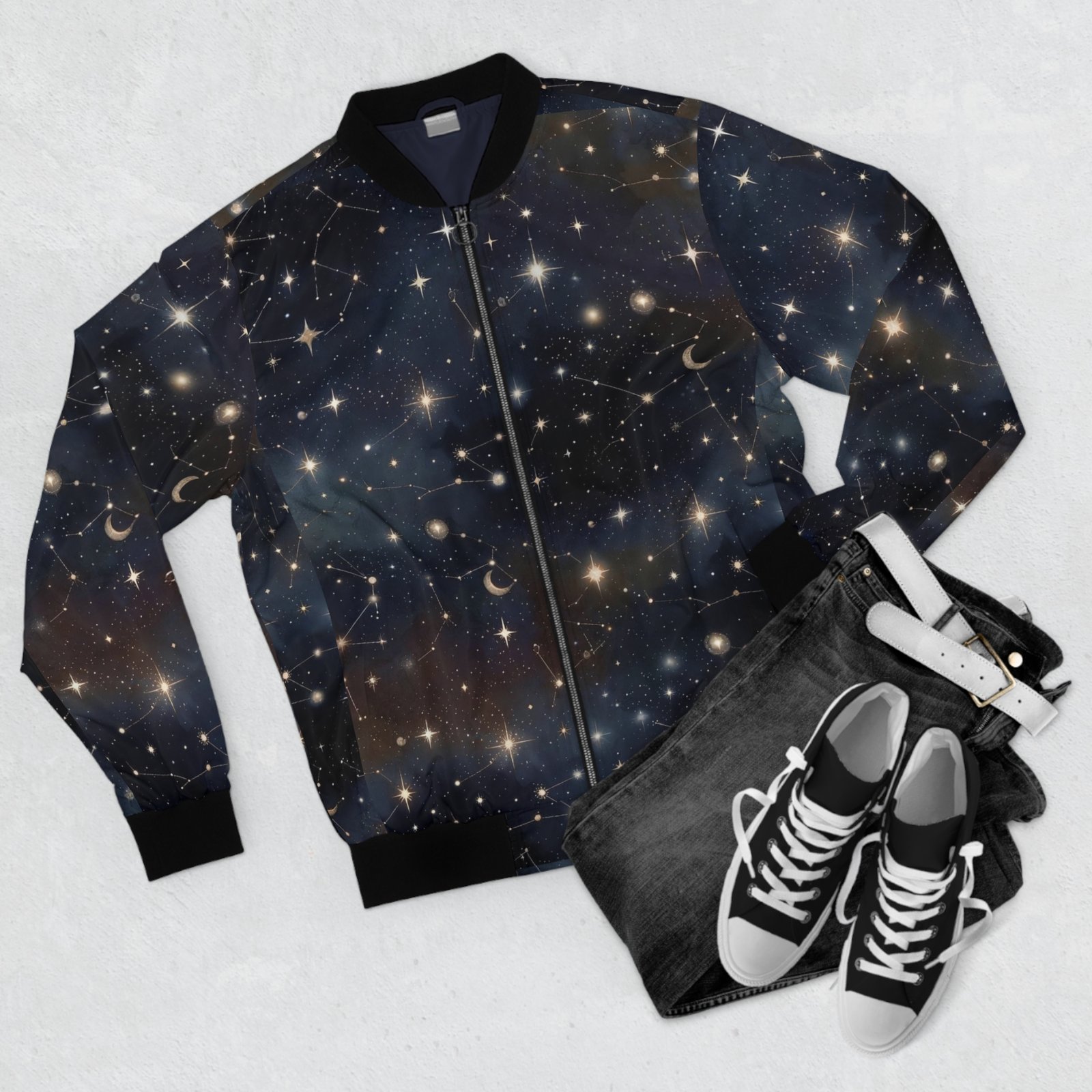 Starry Night Sky Bomber Jacket – Crescent Moon & Stars All-Over Print