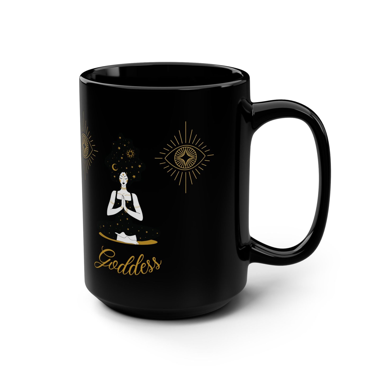 Dark Hair Goddess Stars Black Mug, 15oz - Image 3