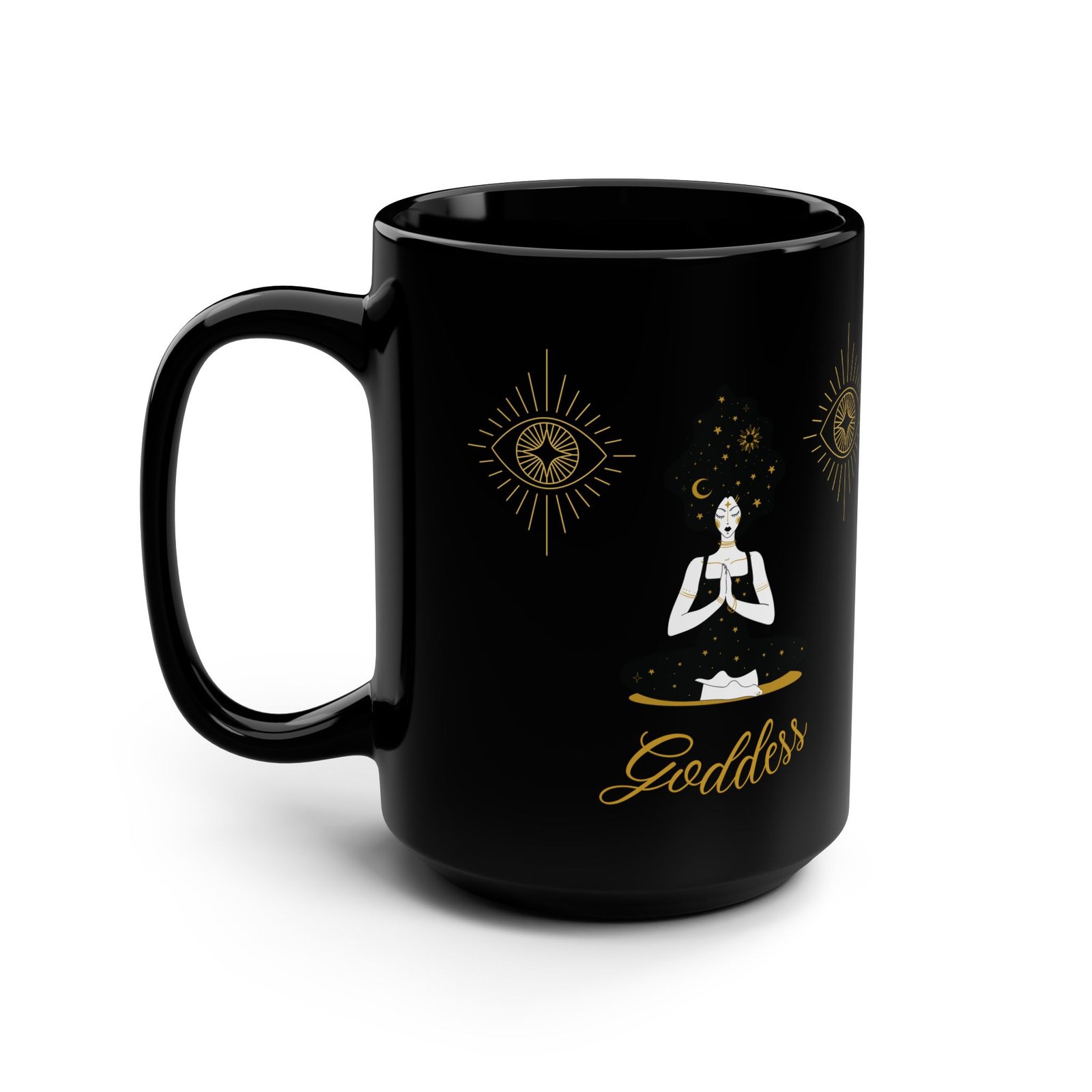 Dark Hair Goddess Stars Black Mug, 15oz - Image 4