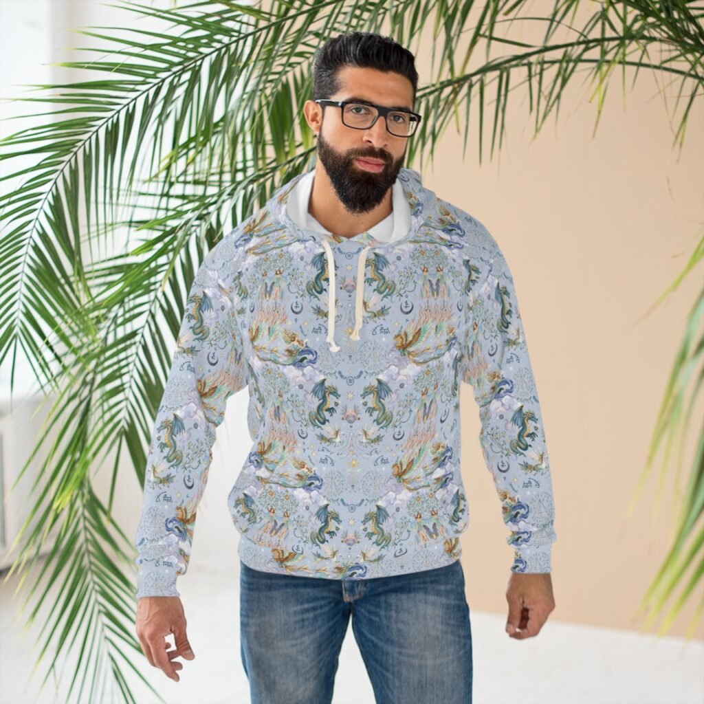 All-Over Print Dragon Phoenix Mermaid Pattern Hoodie — Pastel Sea Fantasy Pullover