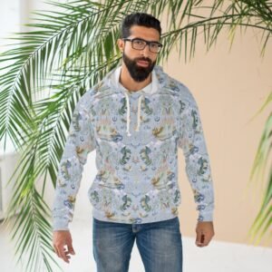All-Over Print Dragon Phoenix Mermaid Pattern Hoodie — Pastel Sea Fantasy Pullover
