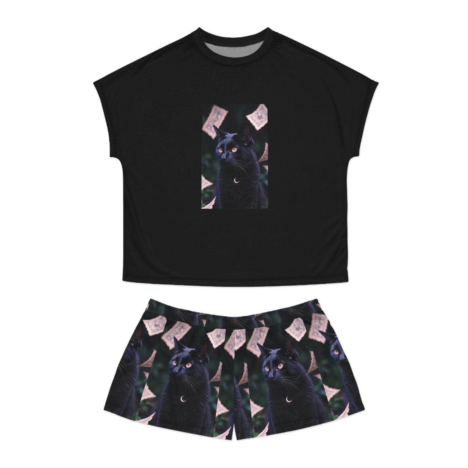 Black Cat Moon Pajama Set — Women's Short Sleepwear with Mystical Cat Print - Image 2