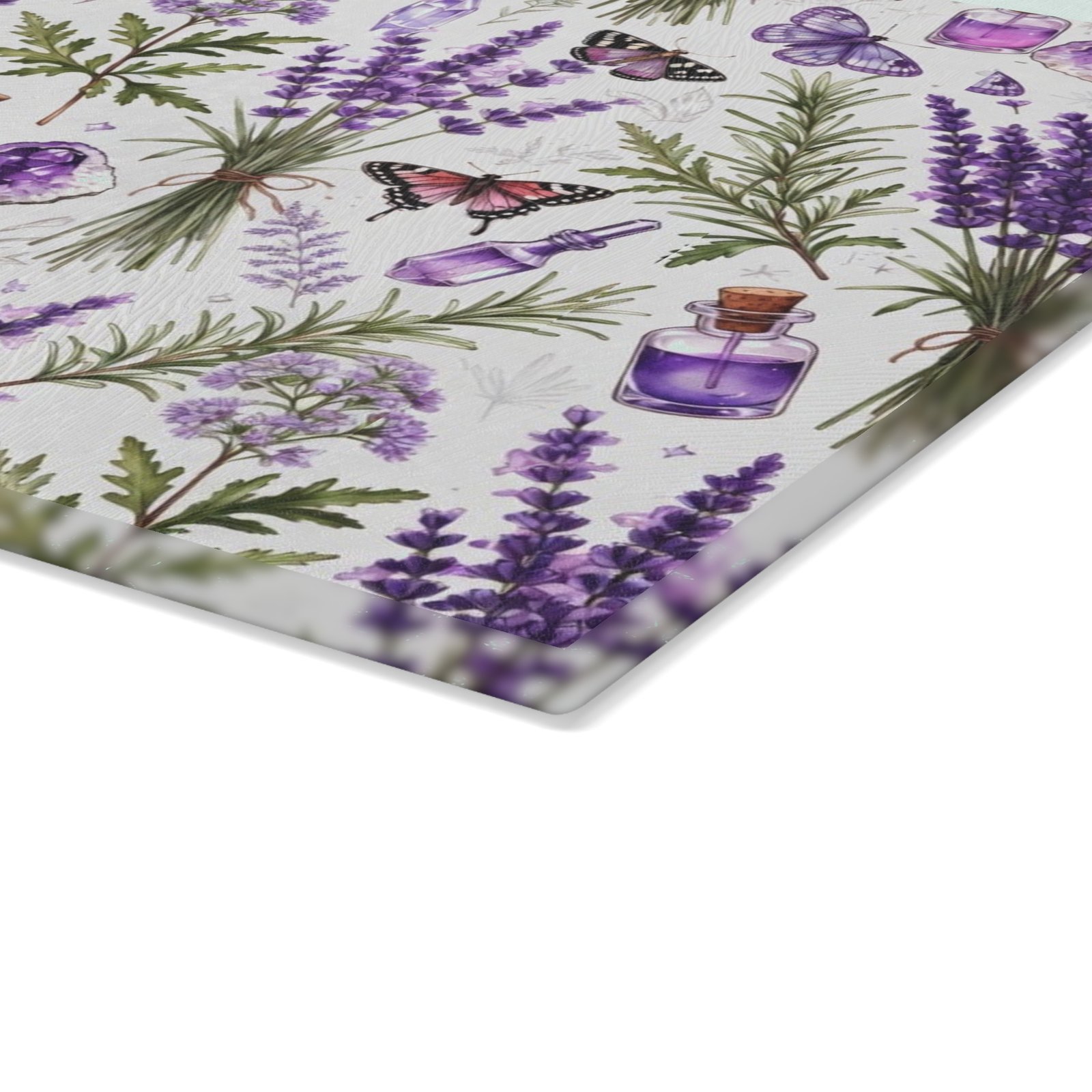Lavender Herb Glass Cutting Board — Floral Kitchen Prep Board with Butterflies & Essential Oil Motif - Image 9