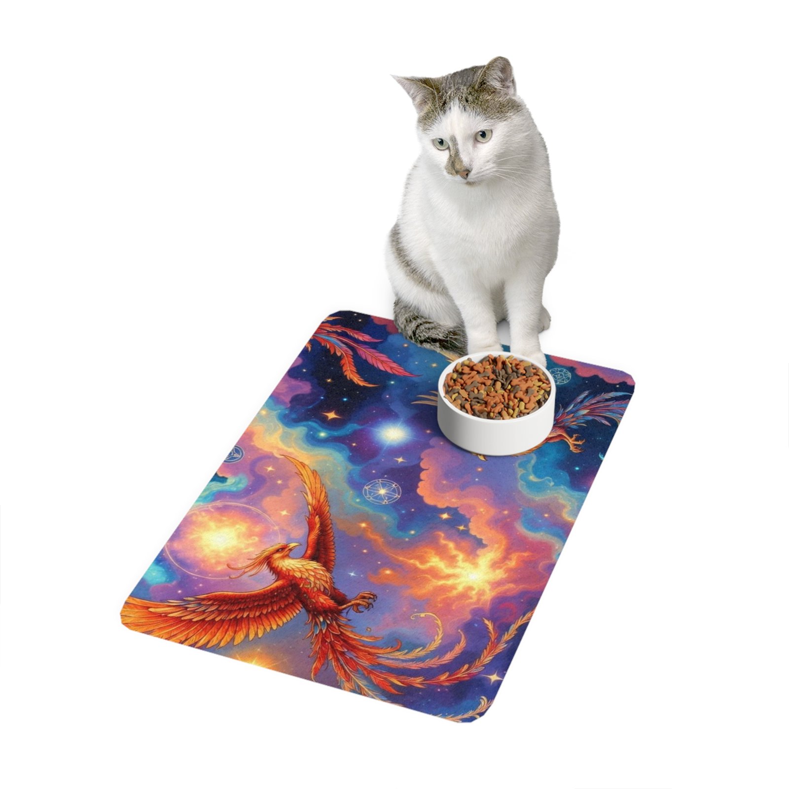 Phoenix Pet Food Mat (12x18) — Colorful Cosmic Birds Waterproof Placemat for Dogs & Cats - Image 4