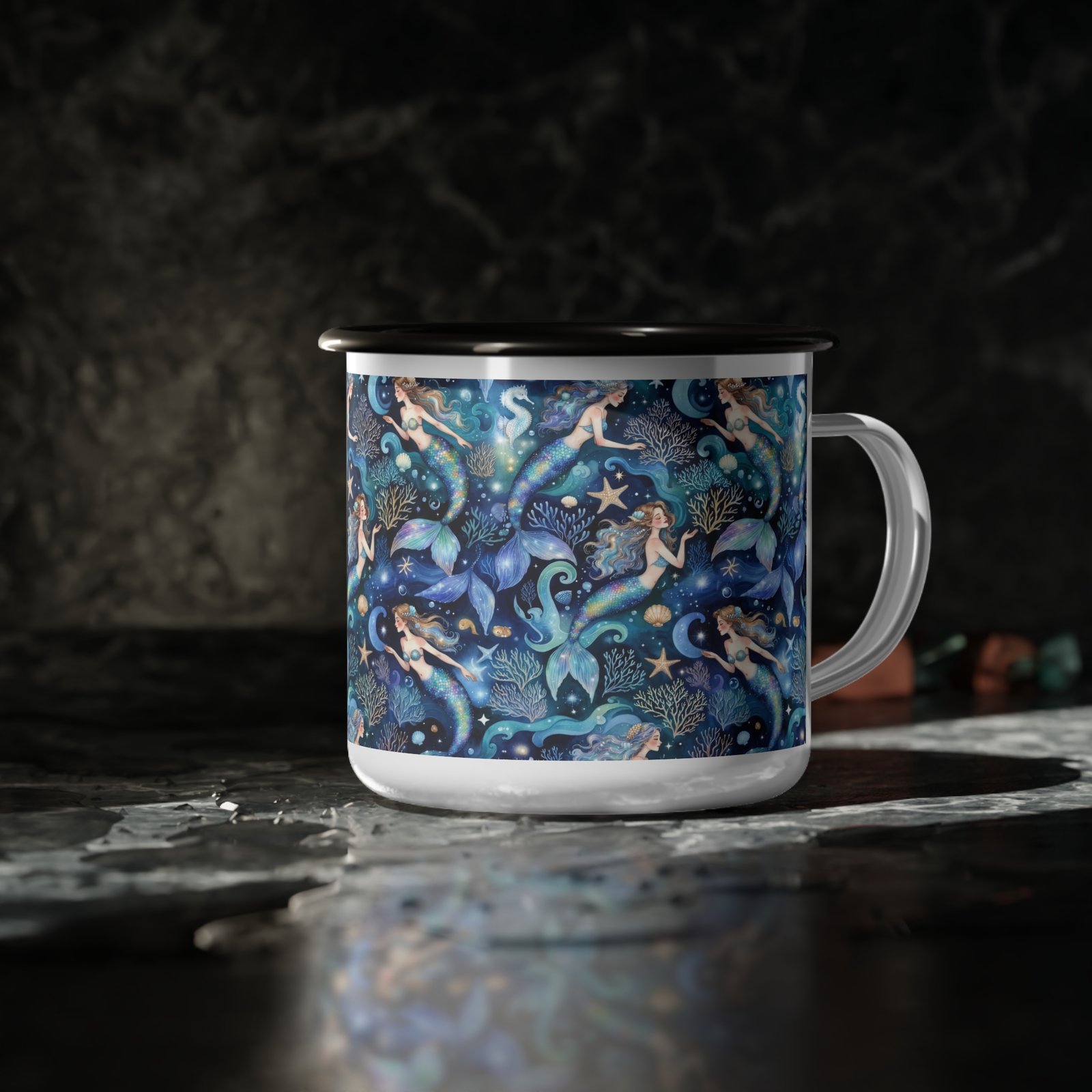 Mermaid Pattern Enamel Camp Cup – Nautical Blue Mermaid Mug - Image 5