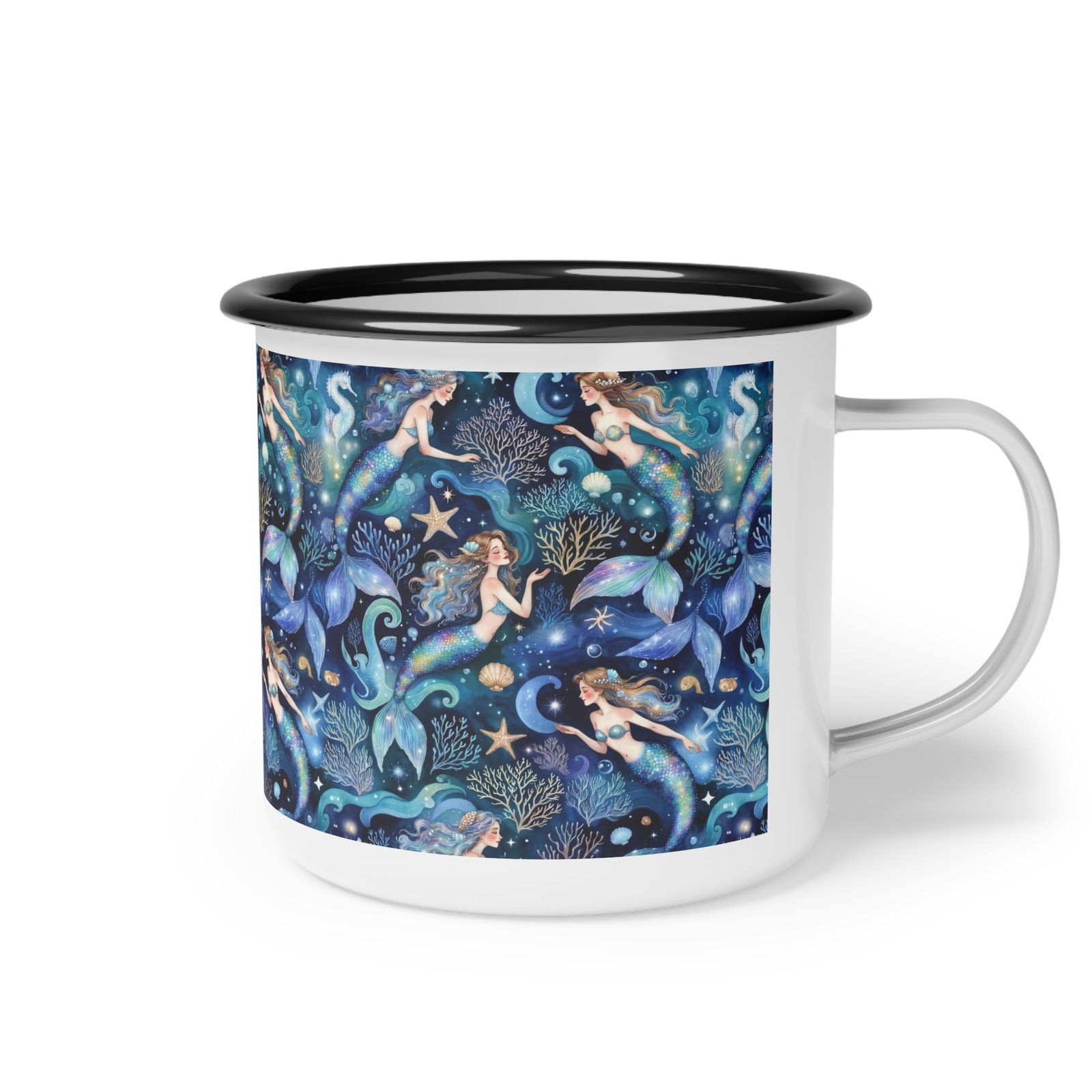 Mermaid Pattern Enamel Camp Cup – Nautical Blue Mermaid Mug - Image 4