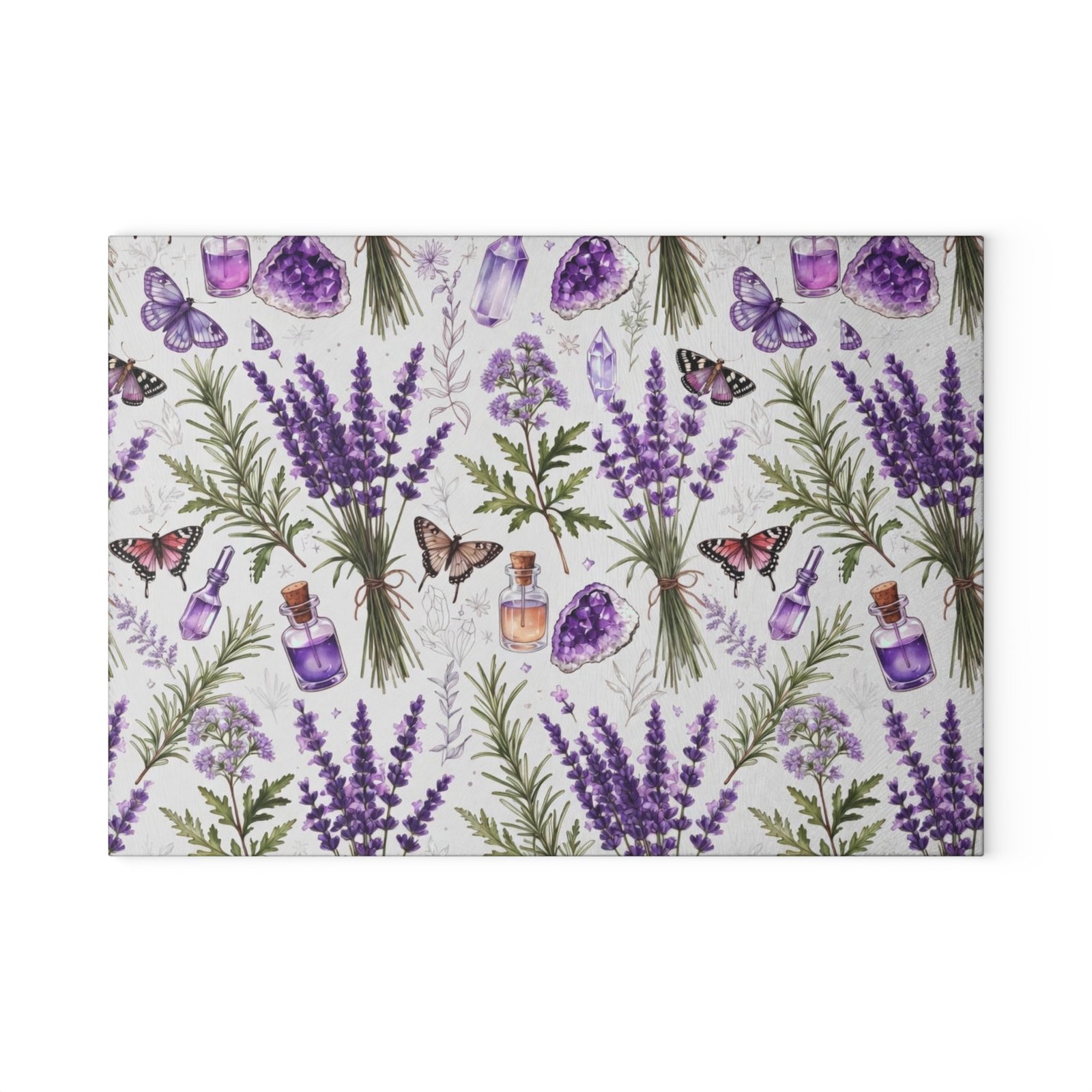 Lavender Herb Glass Cutting Board — Floral Kitchen Prep Board with Butterflies & Essential Oil Motif - Image 2