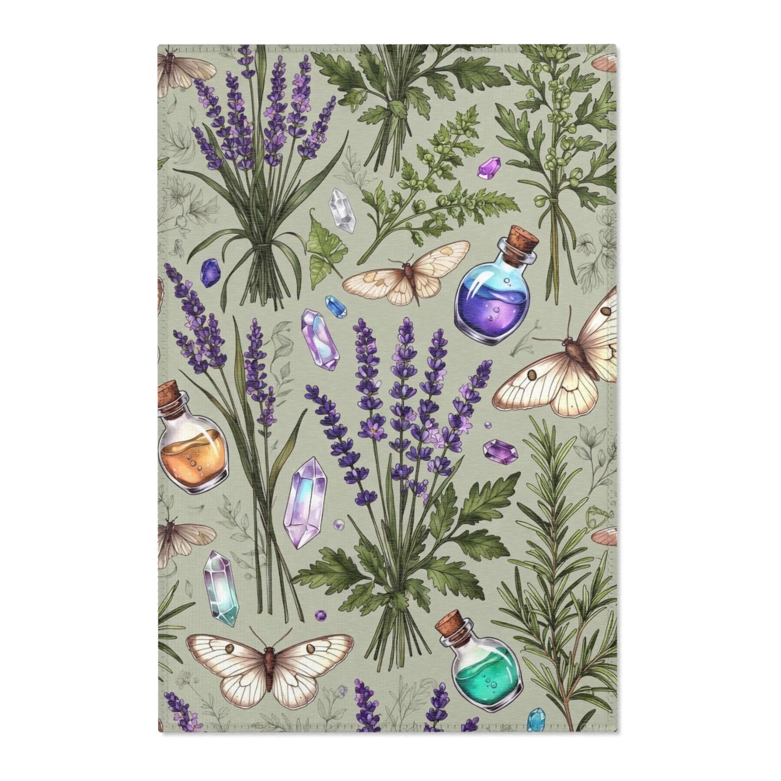 Lavender Apothecary Area Rug — Botanical Herbs, Moths & Crystal Potion Design