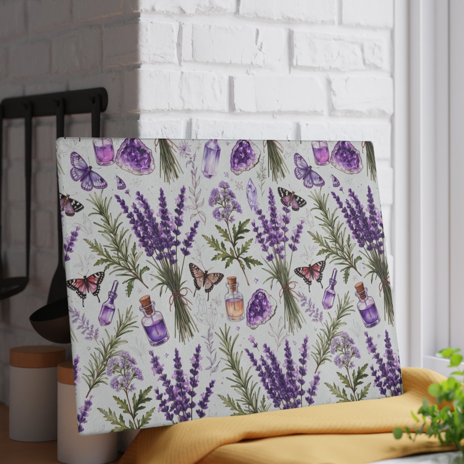 Lavender Herb Glass Cutting Board — Floral Kitchen Prep Board with Butterflies & Essential Oil Motif - Image 11