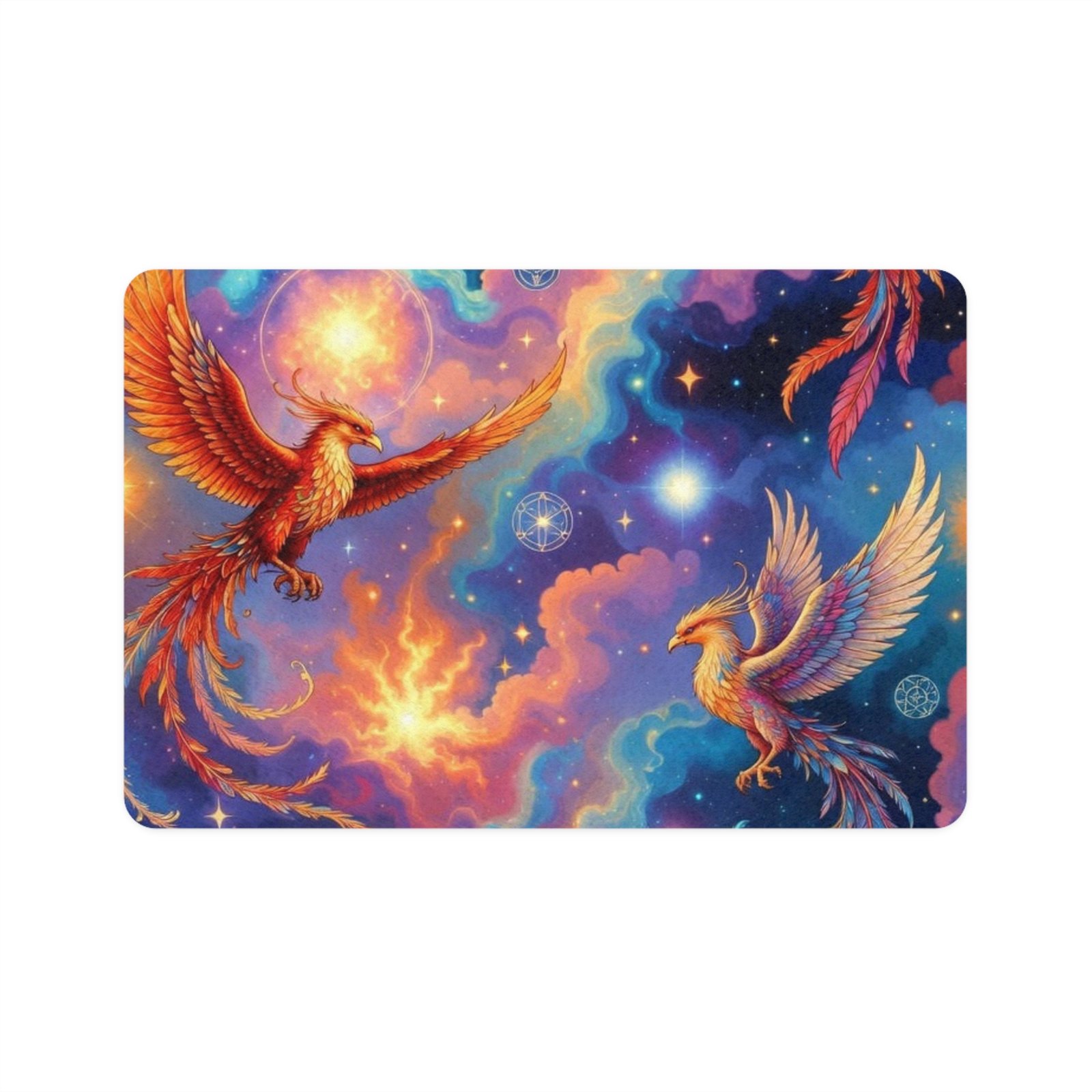 Phoenix Pet Food Mat (12x18) — Colorful Cosmic Birds Waterproof Placemat for Dogs & Cats - Image 2