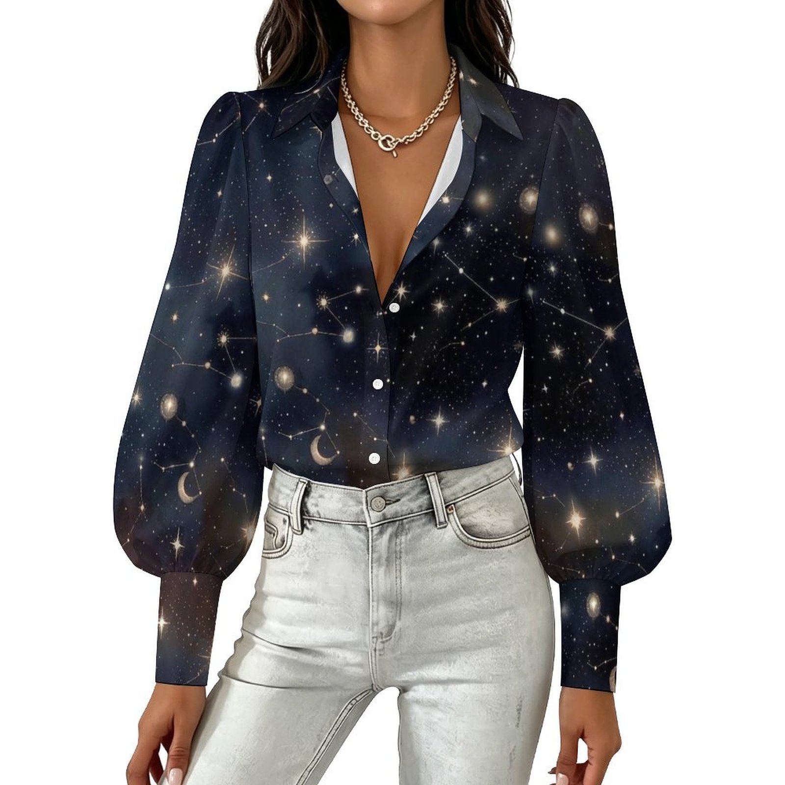 Starry Night Sky Long Sleeve Lantern Sleeve Shirt