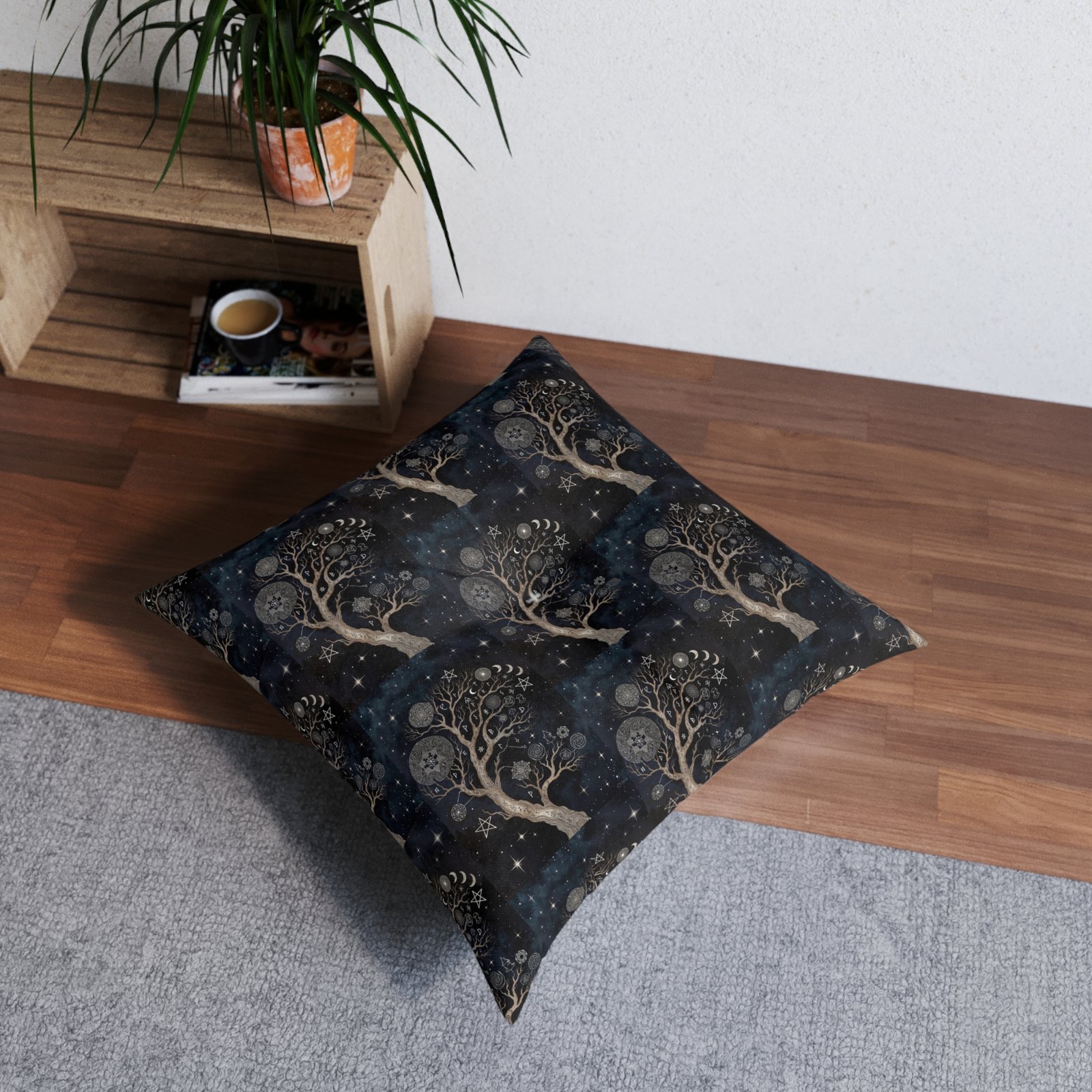 Mystic Moon Tree Tufted Floor Pillow — Celestial Boho Square Cushion - Image 4
