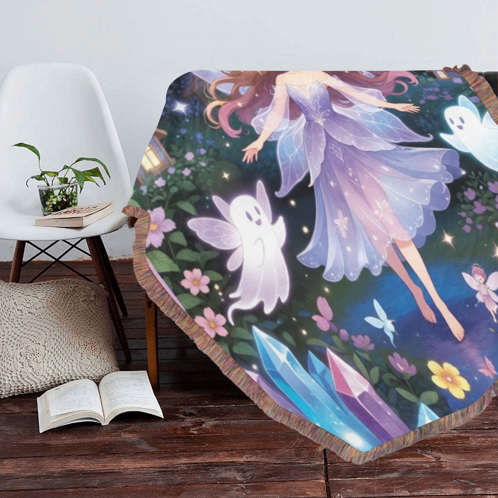 mystical angels, fairies and moons blanket Ultra-Soft Fringe Blanket 60x80 (Mixed Green) - Image 3