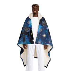 Hooded Blanket — Blue Galaxy Stars & Rose Mandala Sherpa Fleece