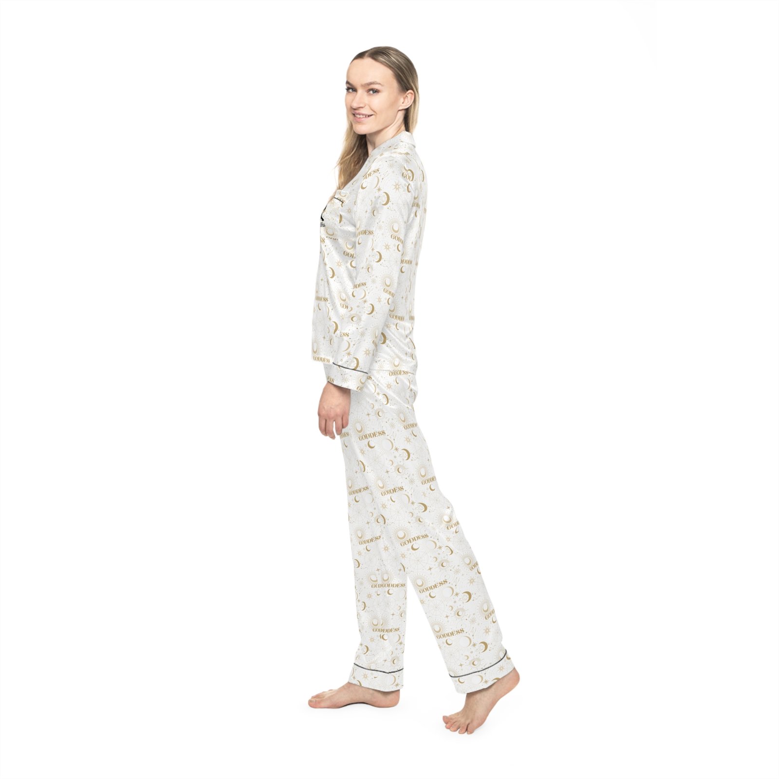 Women's Satin Pajama Set — Elegant Gold Moon & Stars Print - Image 6